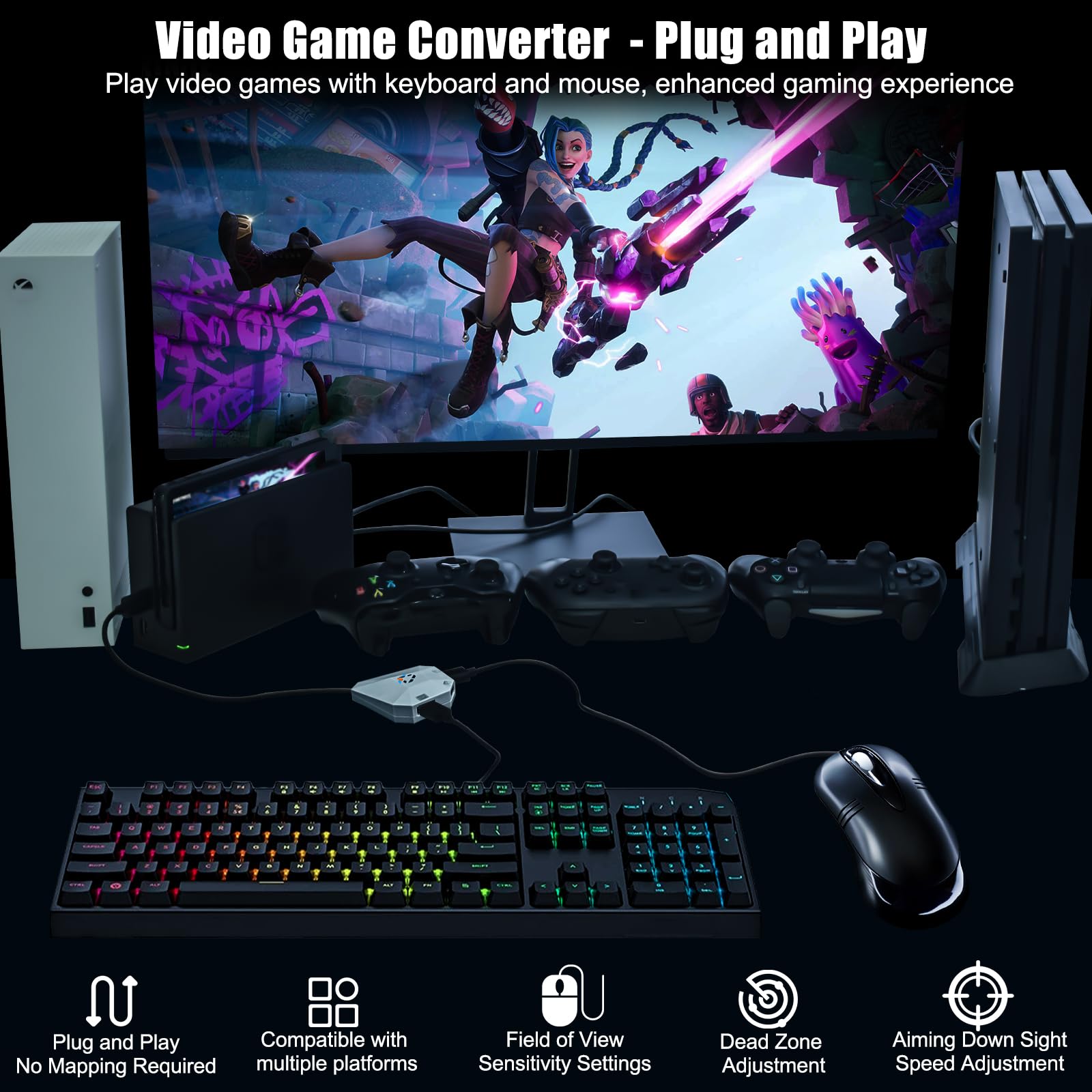 Keyboard and Mouse Adapter for Nintendo Switch, Xbox Series S/X, Xbox One, PS4/PS3, Switch Keyboard Mouse Converter Support Mouses Sensitivity/Aim Speed/Dead Zone Adjustment - Plug and Play