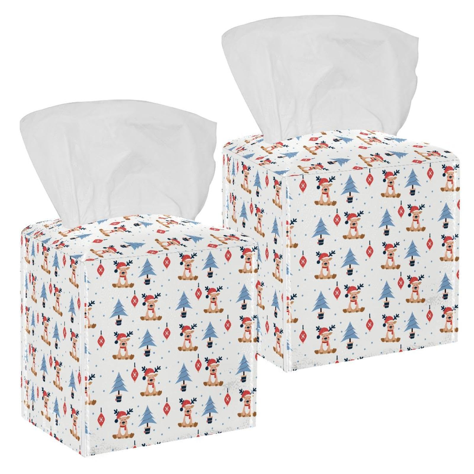 2 Pack Happy Christmas Tissue Box Cover Holder Square Tissue Foldable Cube Cover PU Leather Tissue Organizer with Bottom Belt for Bathroom, Tabletop, Car, Night Stands, Office
