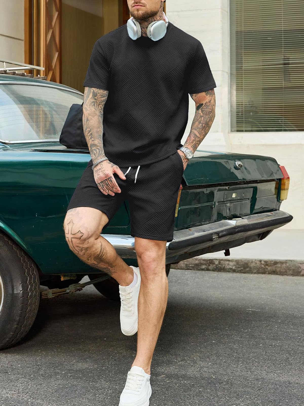 Survêtement Homme 2 Pièces Jacquard T-Shirt Manches Courtes Short Ensemble Ete