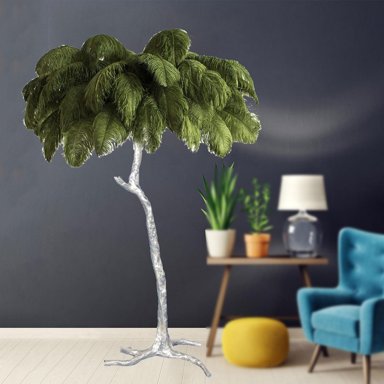 Natural Ostrich Feather Floor Lamp, Silver Light Body Feather Standing Lamp with Feather Lampshade Modern Dimmable Floor Lamp for Bedroom, Living Room, Kids Room