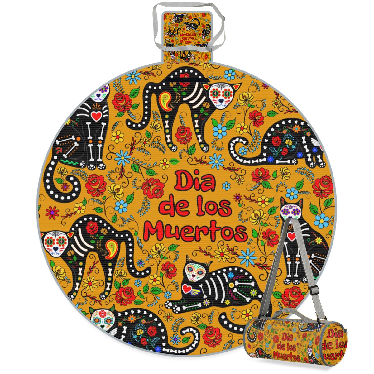 Shimoshe Flower Sugar Skull Cat Picnic Outdoor Blanket Foldable Waterproof Sandproof Beach Blanket Portable Water-Resistant Round Picnic Mat for Travel Camping Park Lawn