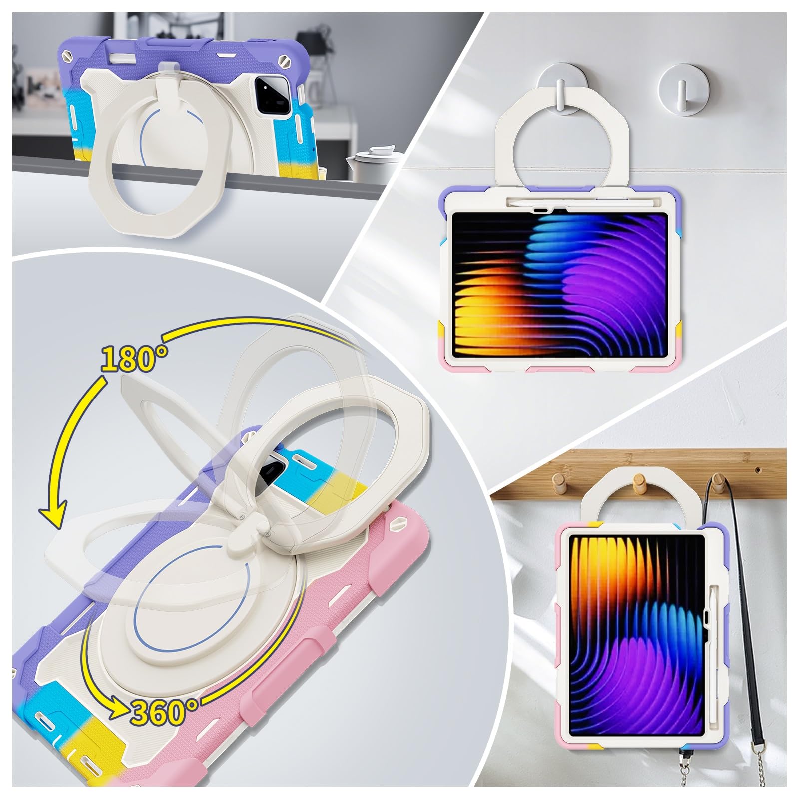 Wytrzymały futerał ochronny do Xiaomi Pad 8/8 Pro 11,2" 2026, podstawka obrotowa 360°, pasek na ramię, uchwyt ołówek i pierścień uchwytu, odporna wstrząsy osłona dla dzieci dorosłych(Pink Purple)