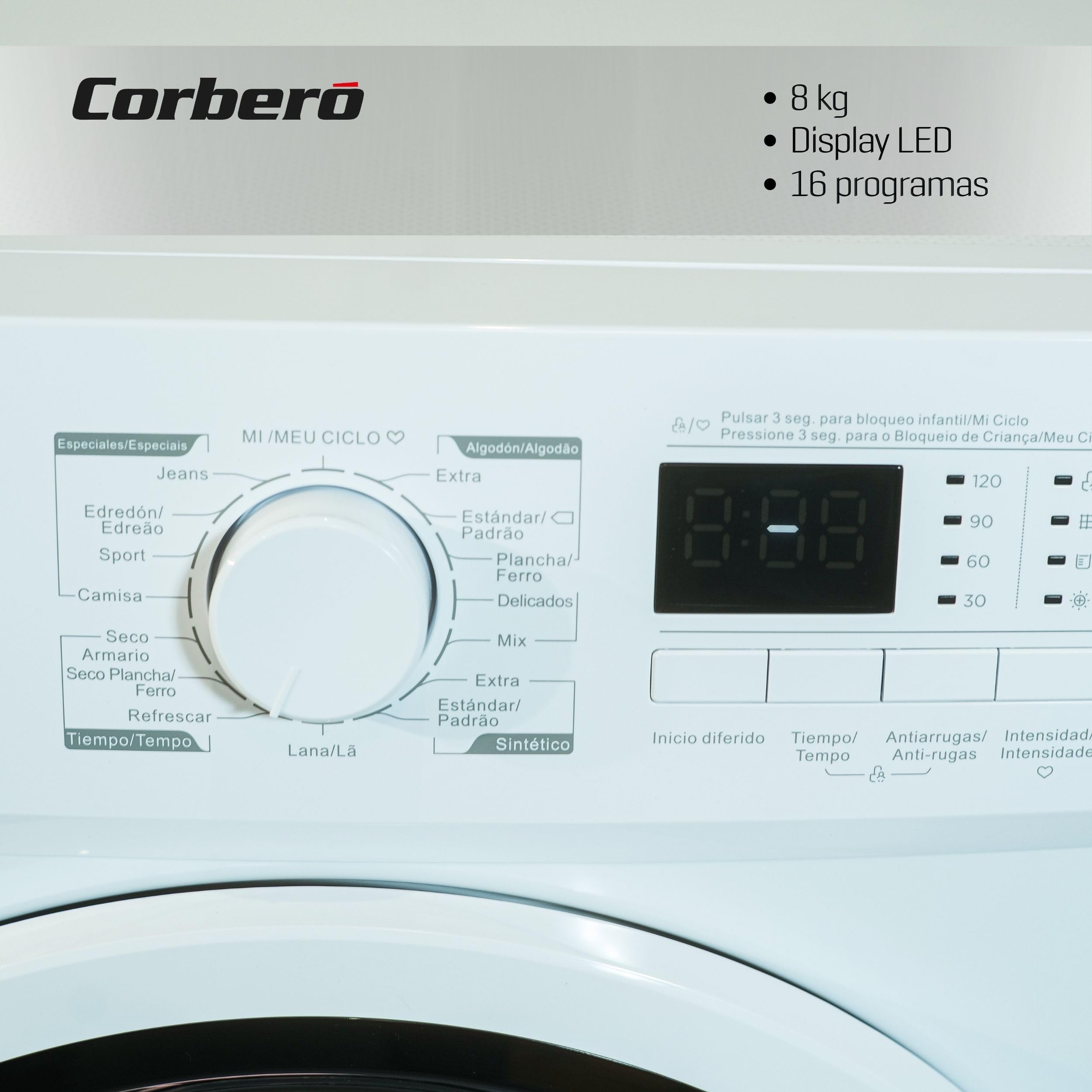 Corberó - Secadora Carga Frontal | CSBCM810W | 8 Kg | Bomba de Calor | Display LED | 16 Programas | Inicio Diferido | Función Inicio/Pausa | Antiarrugas | 65dB | Blanco