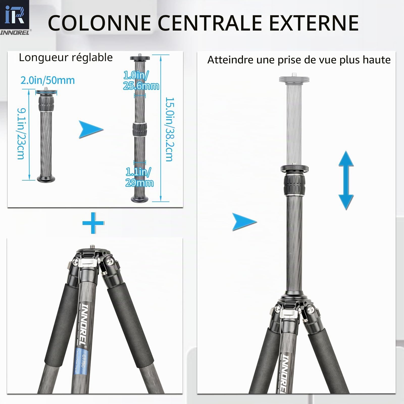 Trépied en Fibre de Carbone - INNOREL CT75C Trépied Compact Professionnel Support de caméra Lourde pour caméra vidéo DSLR avec tête de Bille à Basse gravité de 36mm et Colonne Centrale Tube de 29 mm