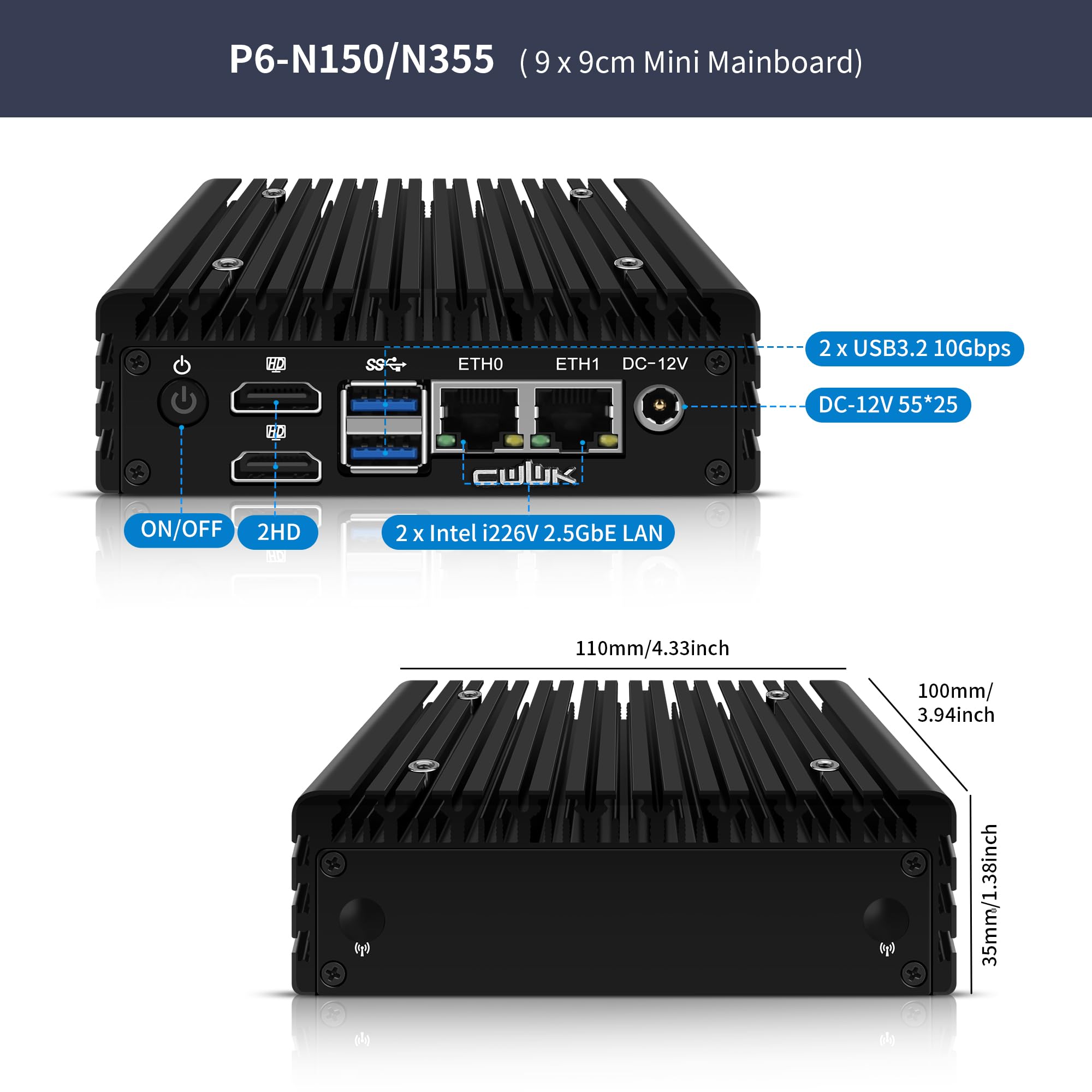 CWWK X86-P6 N150 Mini PC Fanless (Upgraded N100), Firewall Appliance Mini Computer, 2X i226-V 2.5GbE LAN, OPNsense Micro PC DDR5 8GB RAM 128GB NVMe SSD, 2-Display, AES-NI