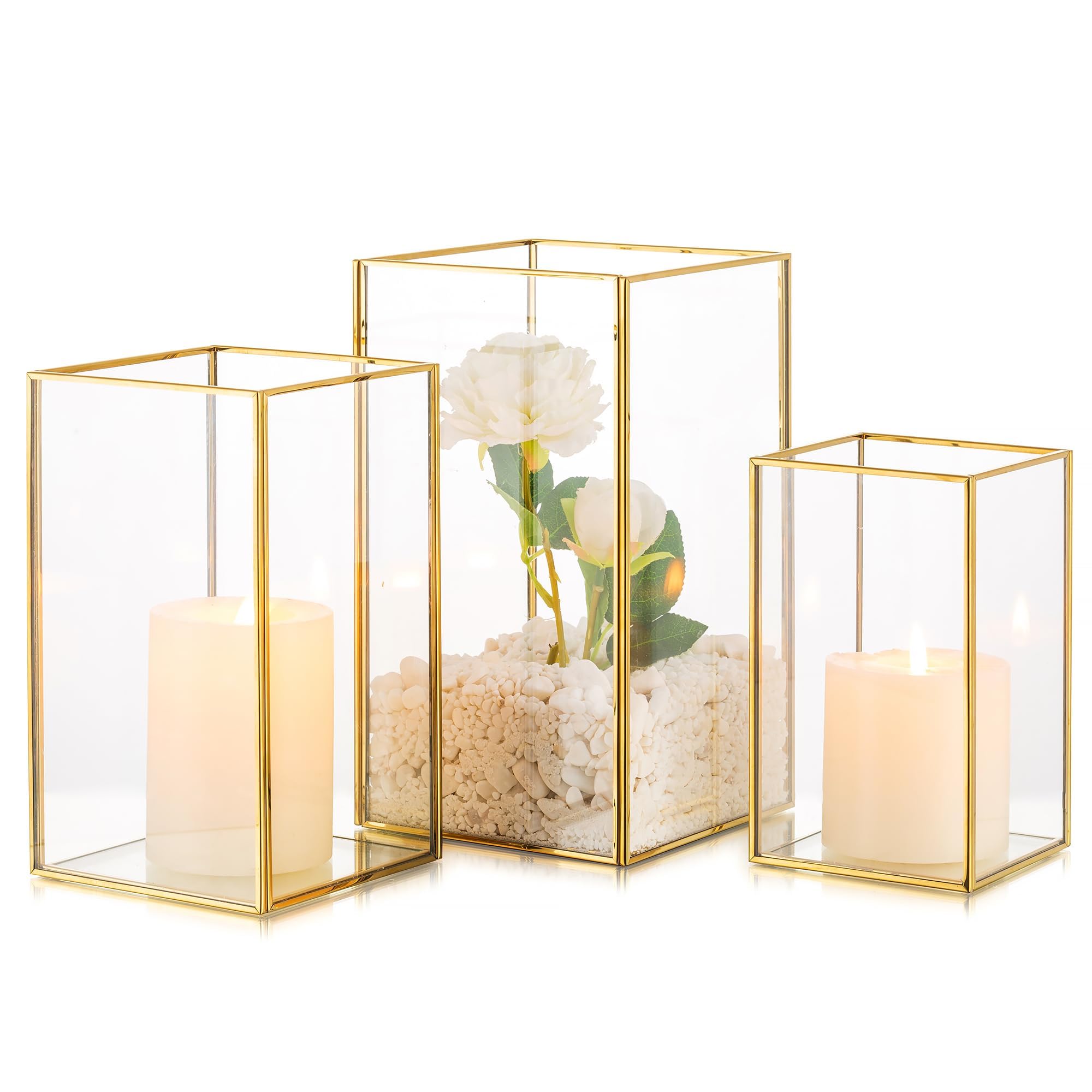 Lot de 3 bougeoirs en verre transparent pour bougies piliers - Grand bougeoir rectangulaire pour table de mariage, Noël, décoration d'intérieur
