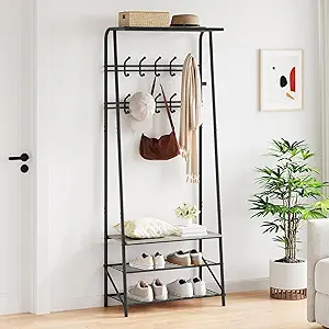 IDEALHOUSE Coat Rack Shoe Bench with 10 Hooks, Hall Trees Entryway Bench with Storage, Multifunctional Hallway Organizer, Wood Look Accent Furniture (Grey, 10 hooks-25.2 in)