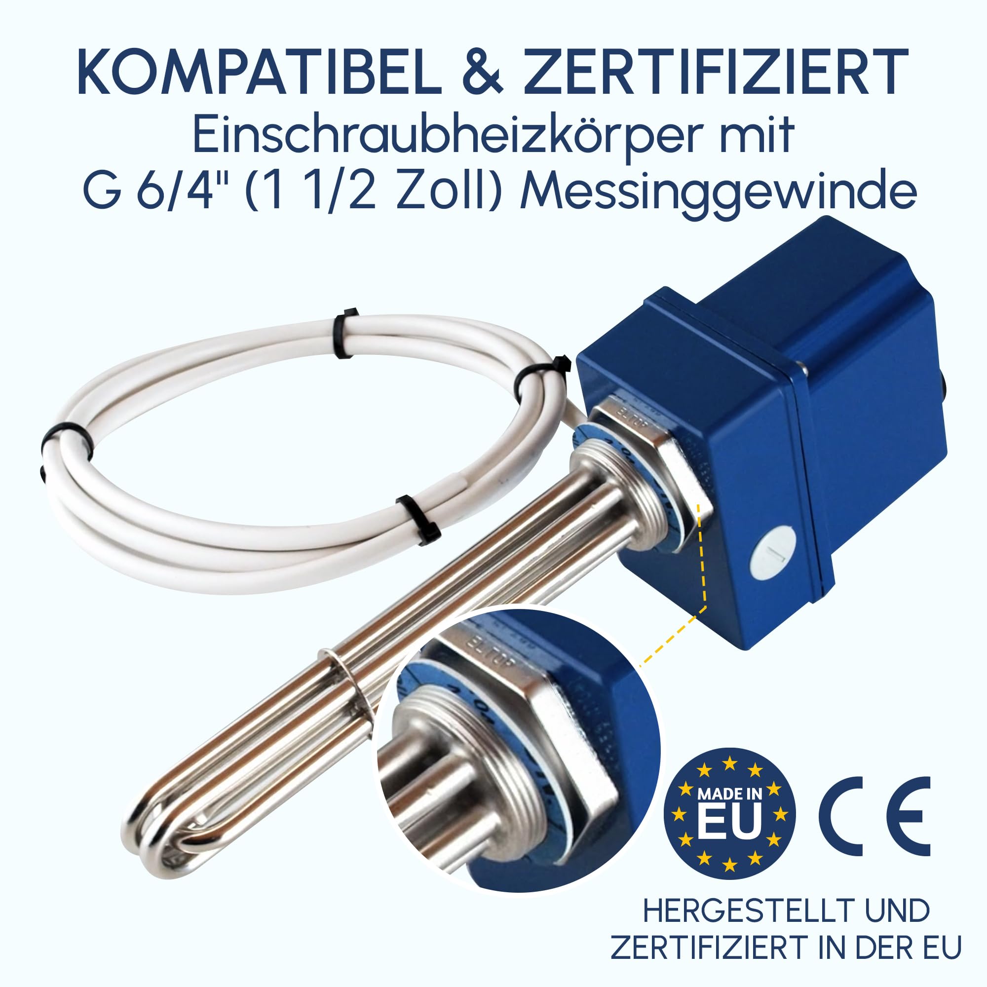 TRG 11 Heizstab Heizpatrone mit Thermostat 1 1/2 Zoll G6/4 Gewinde 4,5 kW 3/400 V Heizelement für Boiler Warmwasserspeicher