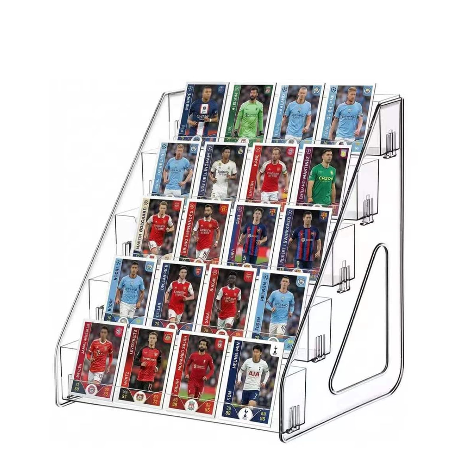 ToKinCen Trading Card Display Stand, 5 Tier 12" Acrylic Holder for Sports Graded Card, Clear Display Case for Baseball Game Card Toploaders Sticker Postcard, Easy Snap-On（1Pack）