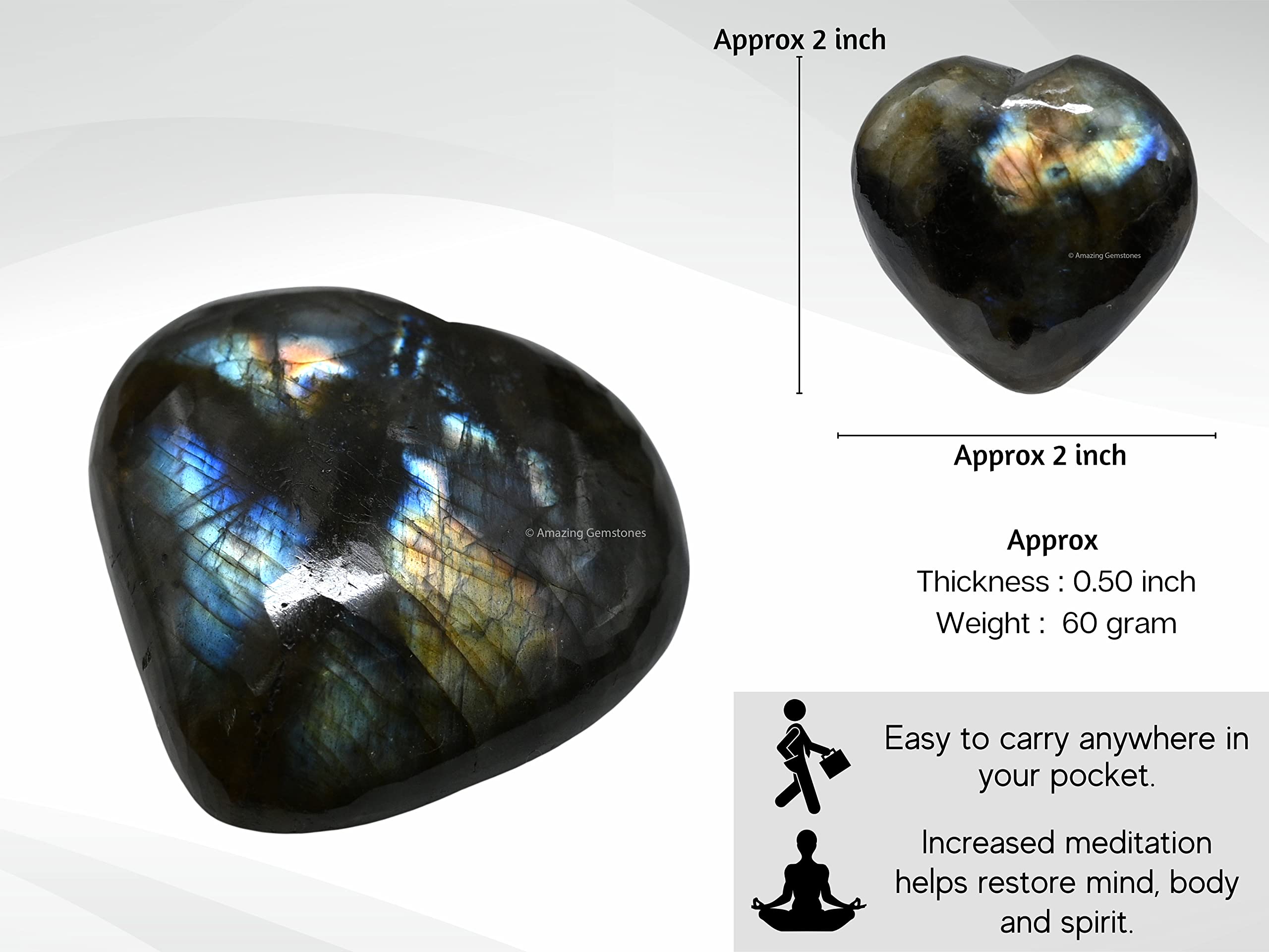 Labradorite Pierre Naturelle Cœur en Cristal de Guérison - Cristal de Roche Poli Élégante Pierre pour Équilibre Énergétique et Méditation, Idéal pour Cadeaux Spirituels et Décoration Intérieure