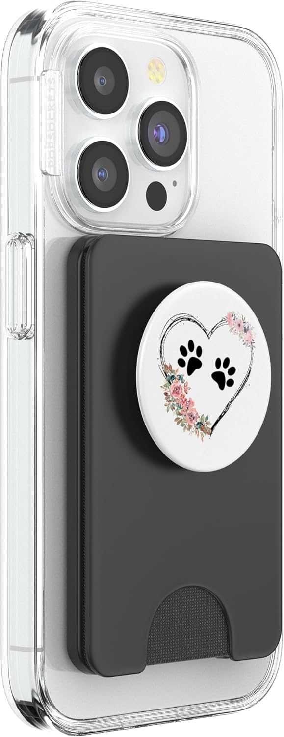 Dog Heart with Paw Prints and Flowers On White PopSockets PopWallet for MagSafe
