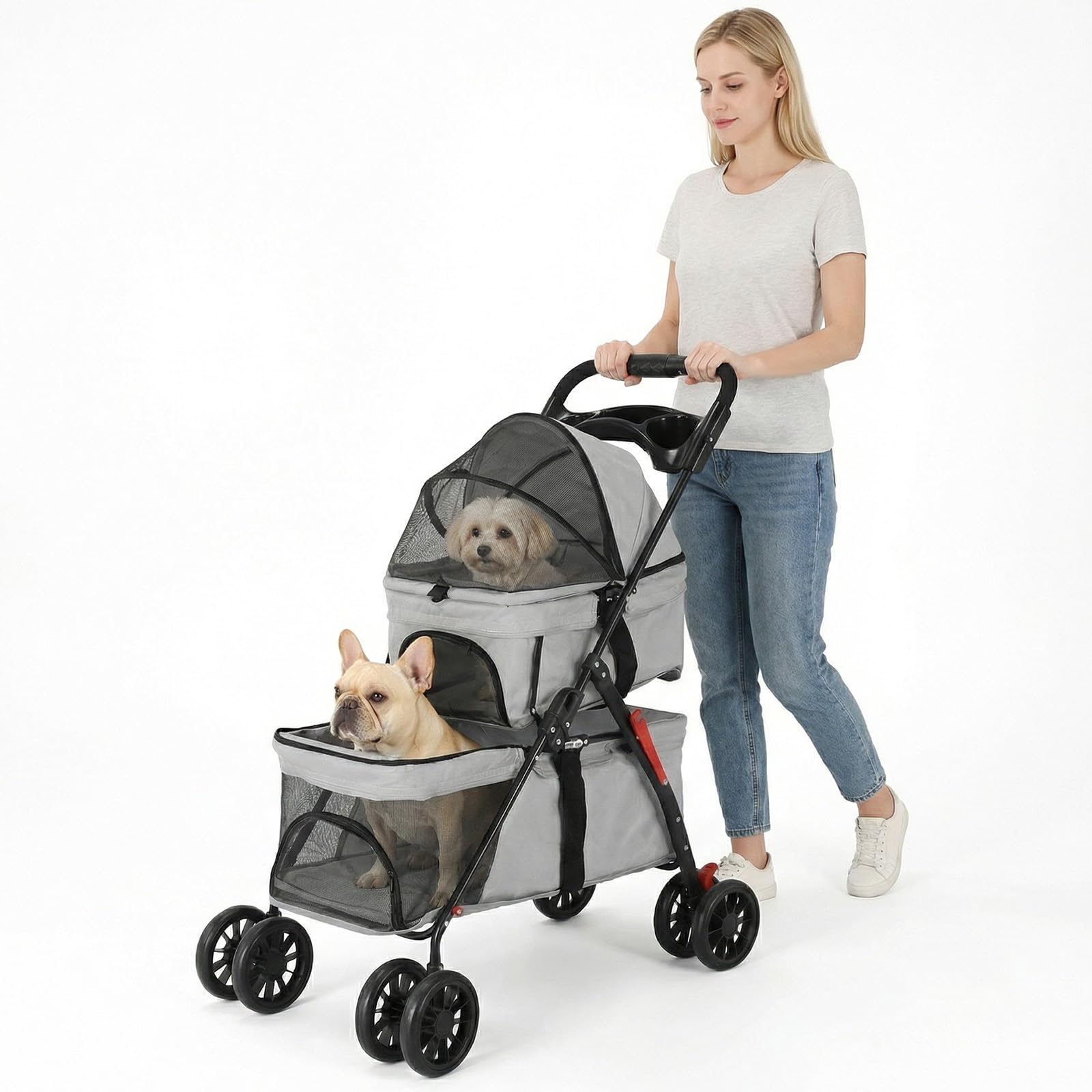 Passeggino per animali domestici a doppio strato per cani e gatti di piccola e media taglia, 3 in 1, pieghevole, passeggino da viaggio leggero, 100 cm x 73 cm x 49 cm (grigio)