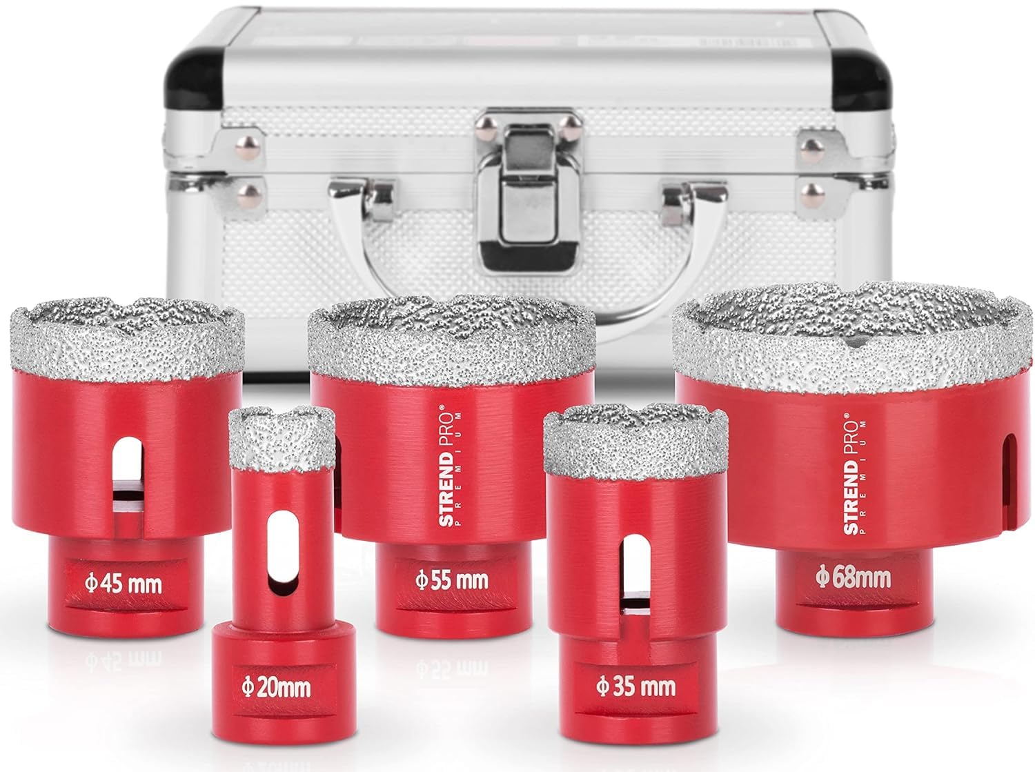 STREND PRO Set de Coronas Diamantadas para Azulejos, Vidrio y Gres | 20-35-45-55-68 mm | Rosca M14 para Amoladora Angular | Maletín de Aluminio | Cerámica, Granito y Piedra | Corte Rápido