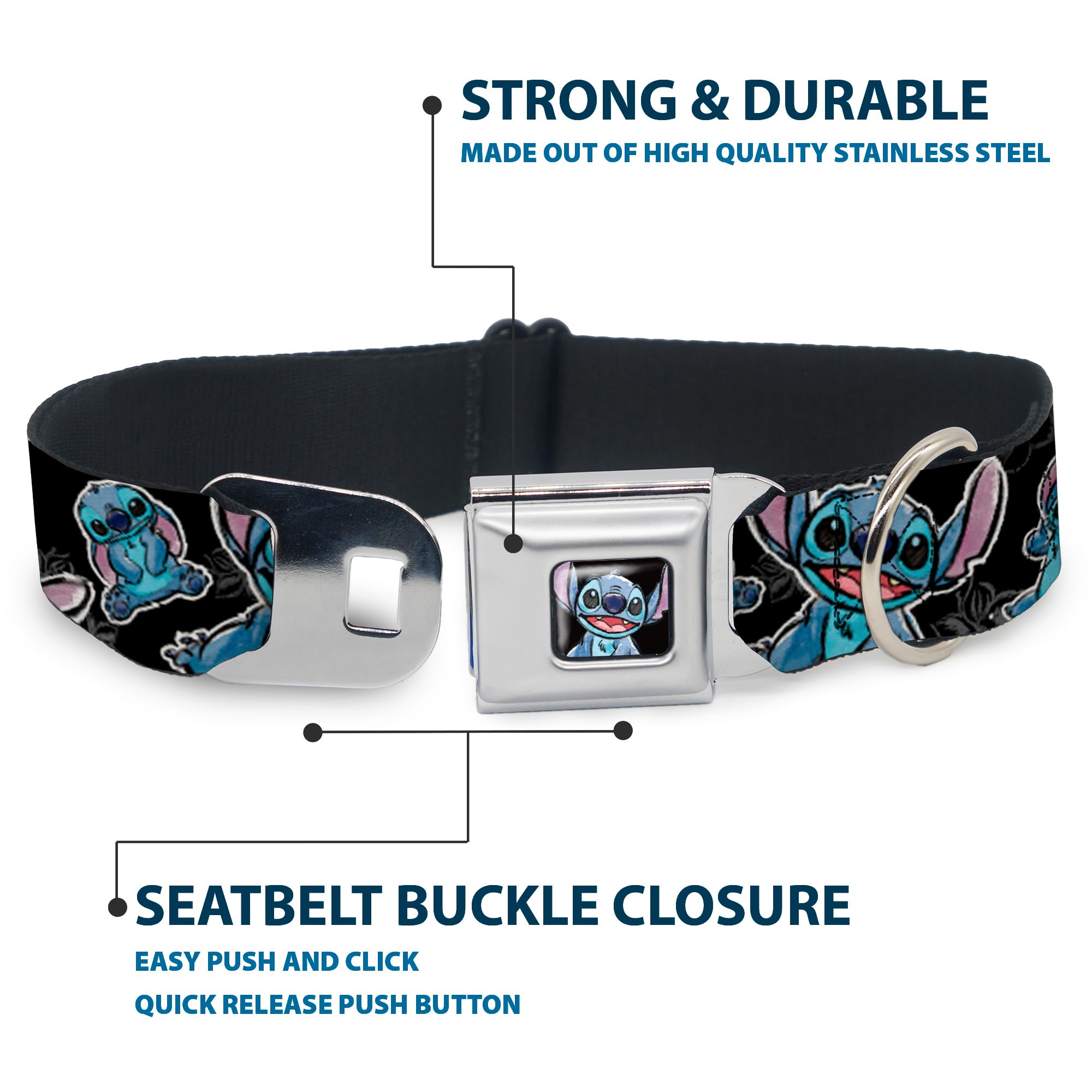 Buckle-Down Seatbelt Buckle Dog Collar - Stitch Poses/Hibiscus Sketch Black/Gray/Blue - 1.5" Wide - Fits 16-23" Neck - Medium