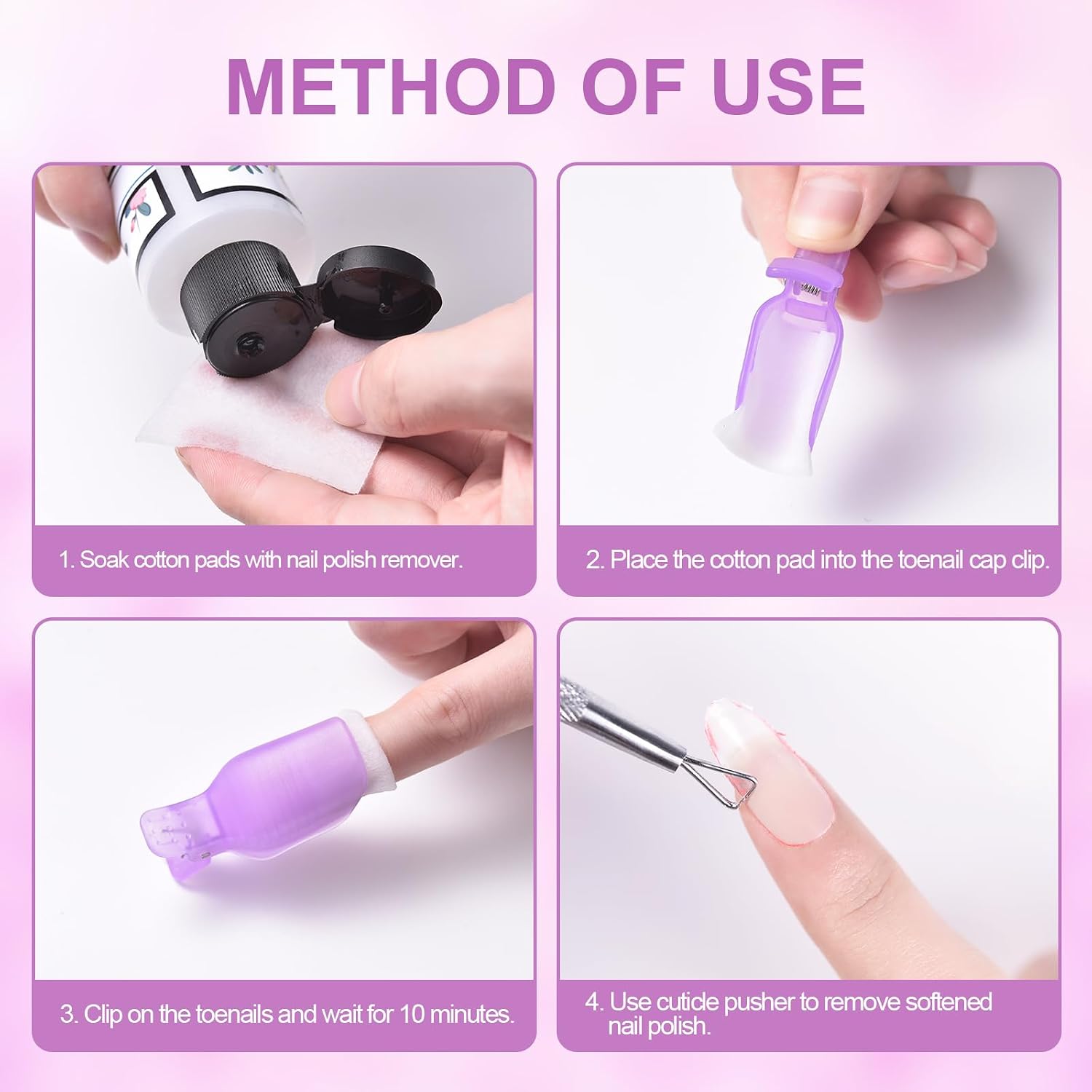 11 Pcs Toenail UV Gel Polish Remover Clips Kit Reusable Plastic Nail Art Soak Off Cap Clip Nail Polish Remover Clips for Toenail with Triangle Cuticle Pusher (Pink)