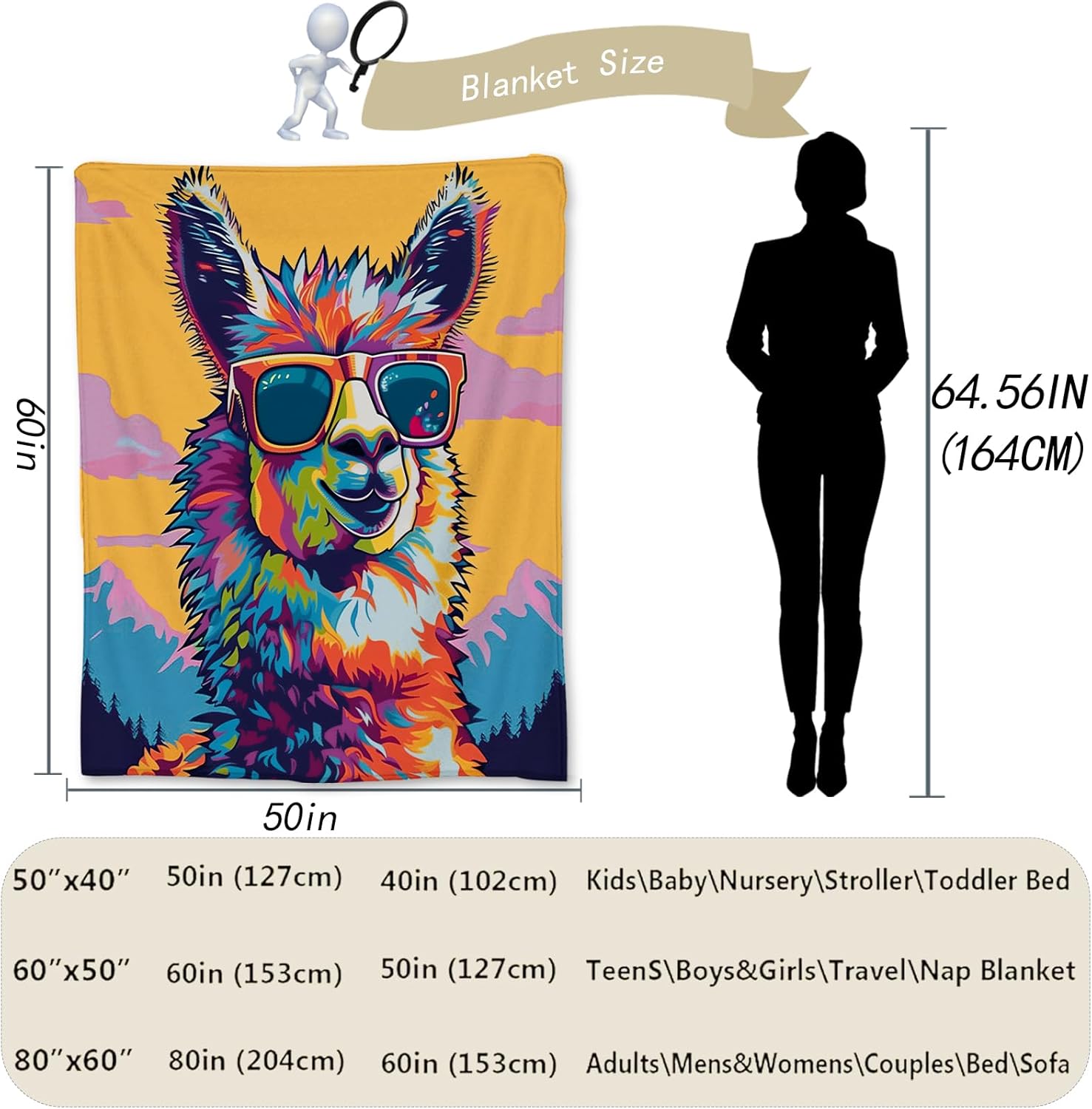 Cute Cartoon Llama Blanket, Soft Flannel Animal Colorful Throw Blanket for Couch, Bed, Travel & Home Decor, Cozy Lightweight Warm Fluffy Fuzzy Blankets for Adults Kids 60×50 in - Image 3
