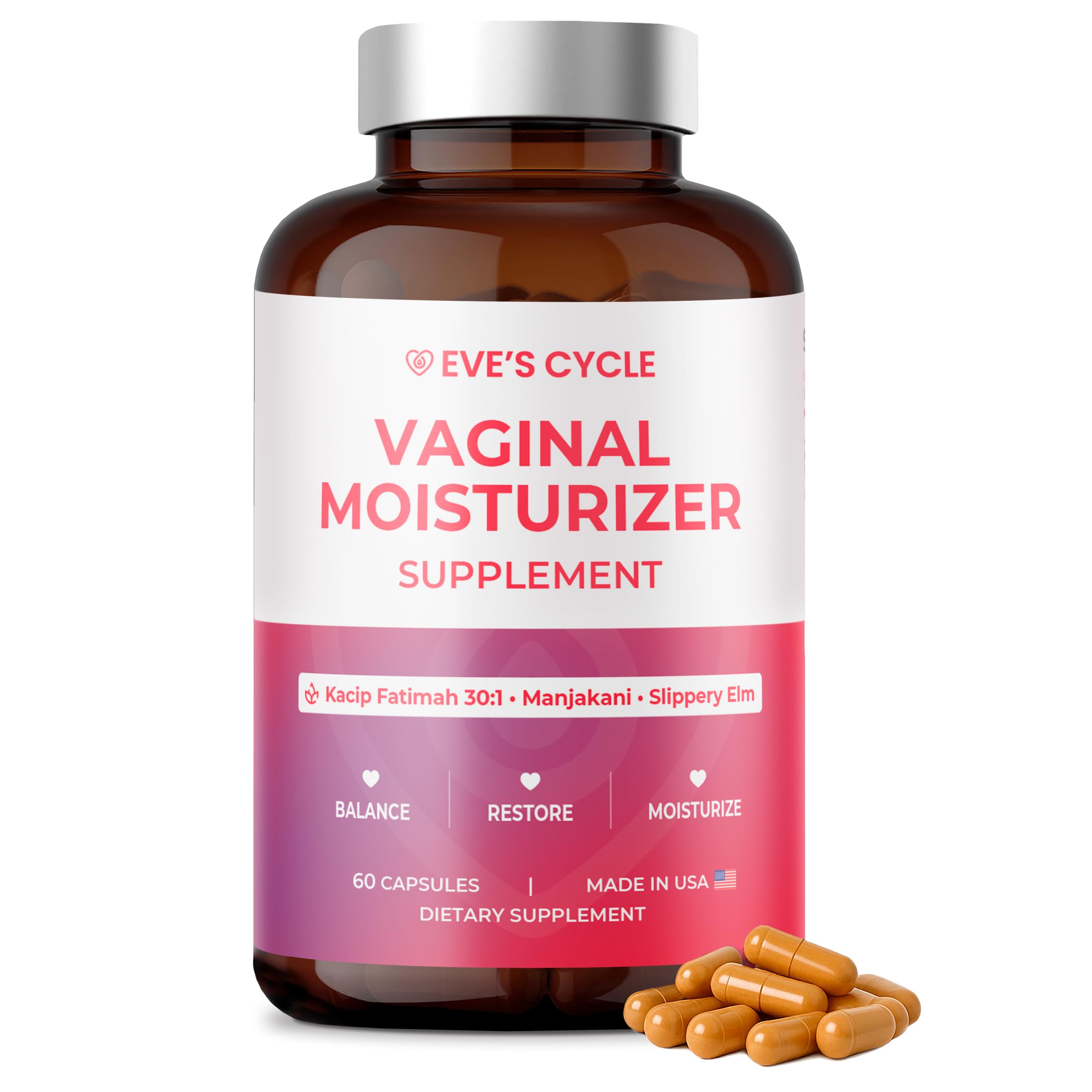 Eve's Cycle Vaginal Moisturizer + Tightening Supplement - Slippery Elm for Women, Kacip Fatimah, Manjakani for Vaginal Dryness - 60 Vegan Capsules -