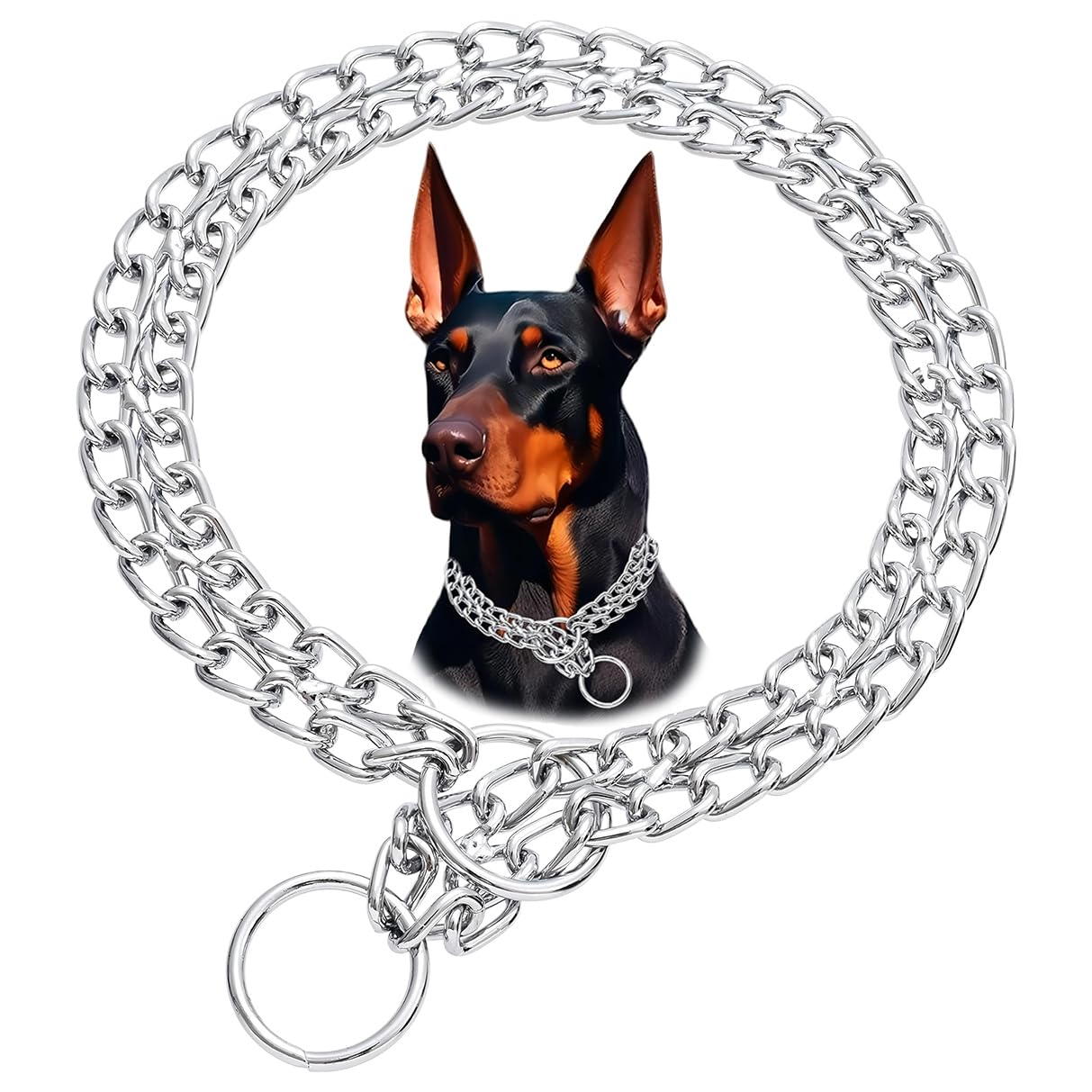 Silver Dog Choker Chain, Double Row Martingale Chain Dog Collars, Chew Proof Metal Cuban Link Slip Collar Adjustable for Small Medium Large Breed Dogs (2 Row, M)