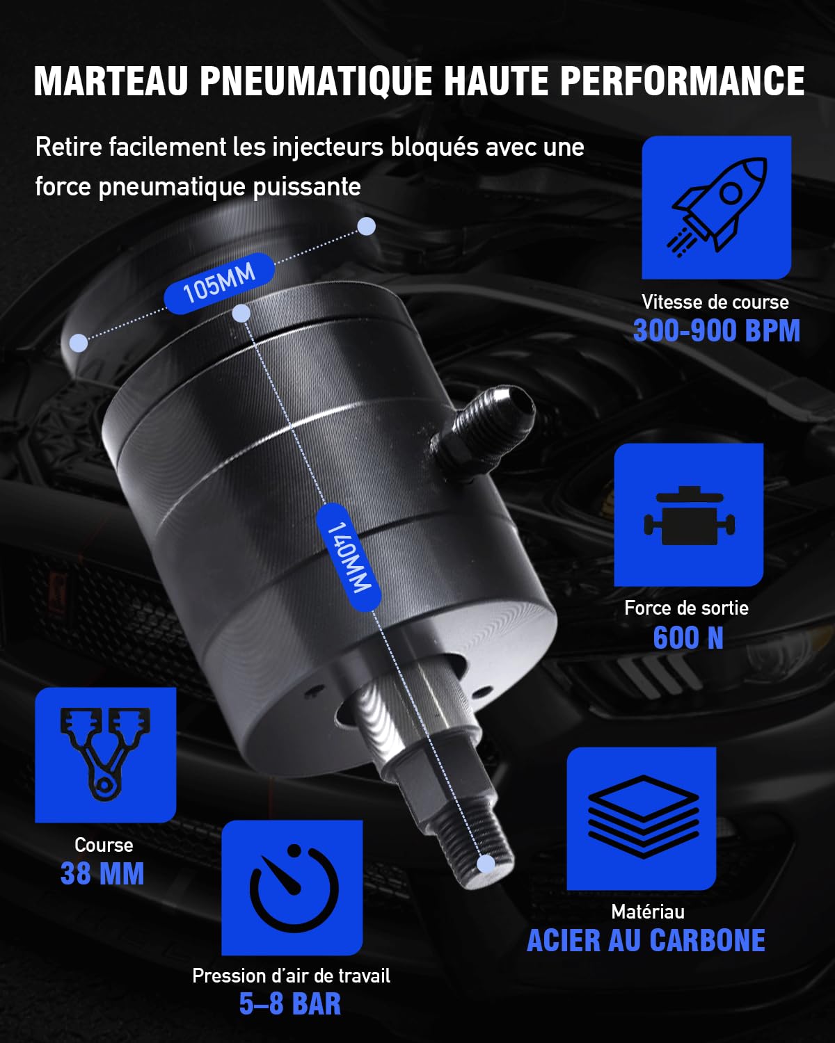 INCENDIOS 24PCS Kit Extracteur d’Injecteurs Diesel Pneumatique, Extracteur Injecteur Pneumatique avec 19 Adaptateurs & 3 Connecteurs 1/4" (US/UK/EU), Extracteur à Air Comprimé Injecteur 5-8 Bars