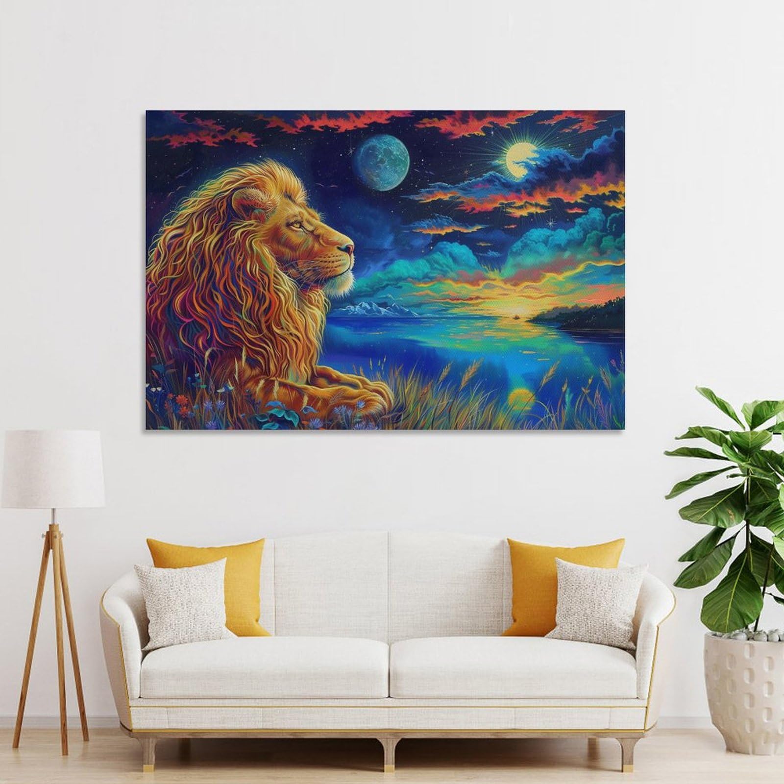 Amazon.co.jp: 絵画 月を見ているライオン アートパネル ポスター 動物 
