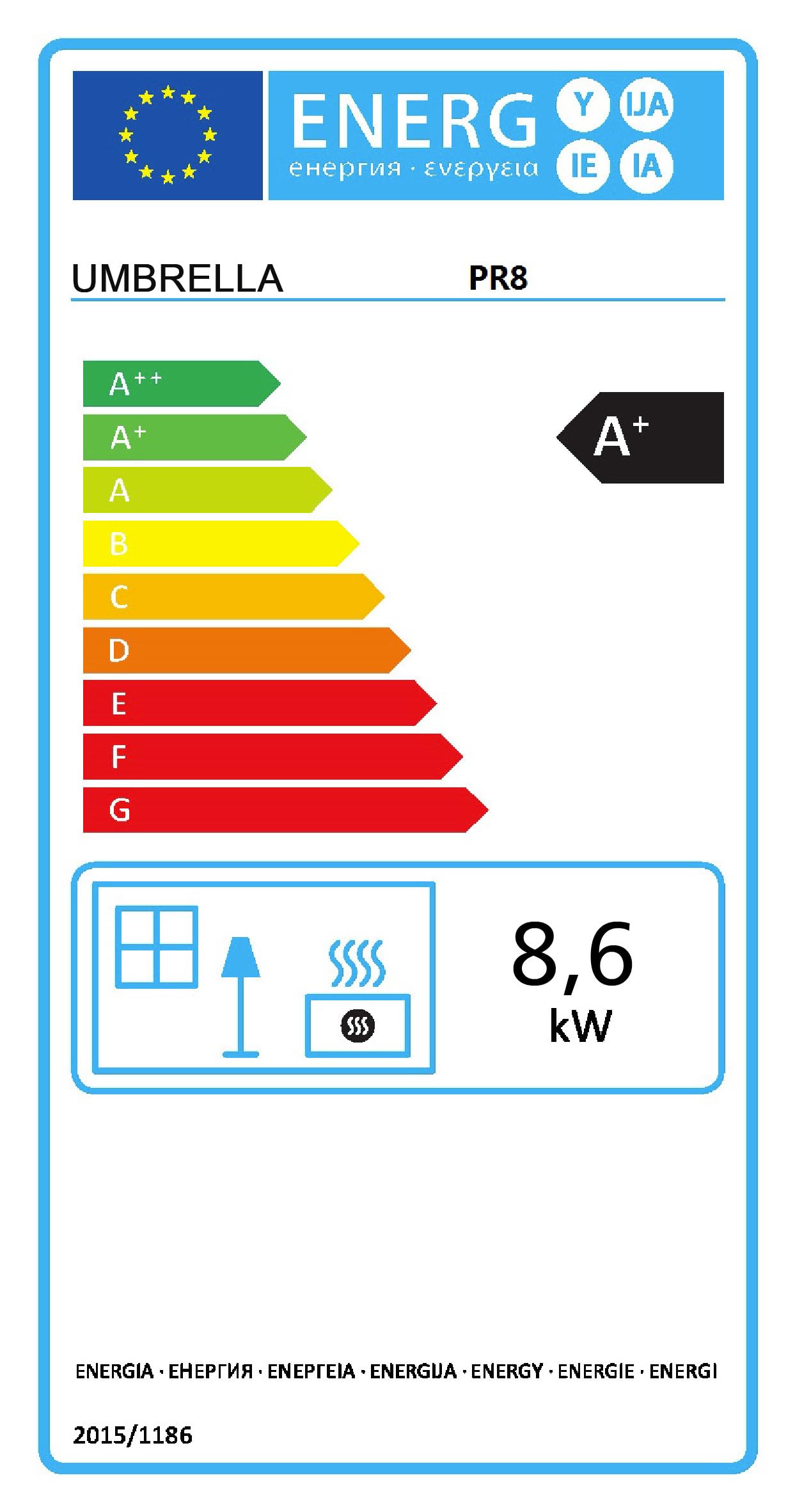 UMBRELLA® PR8 estufa de pellets 8,6 kW A+ hasta 220 m³, limpieza automática, ECO1/ECO2, programa semanal, mando a distancia, Wi-Fi Ready (opcional), protección por vacío y sobrecalentamiento, Negro