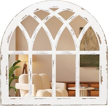 PARISLOFT Distressed Arched Window Pane Wood Framed Wall Mirror, Cathedral Accent Wall Mirror,Farmhouse Wall Decor White