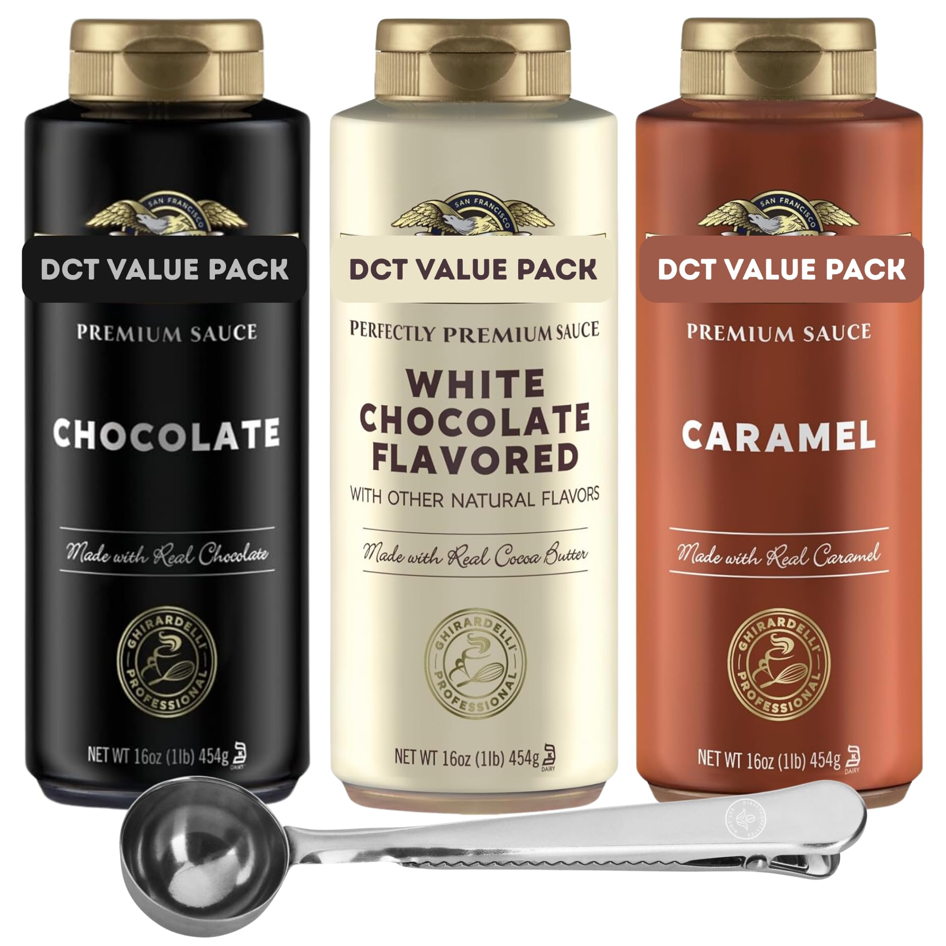 Flavored Sauce Trio – Chocolate, Caramel & White Chocolate, 16 oz Bottles (3-Pack) with Direct Coffee Tea Est 2019 Spoon