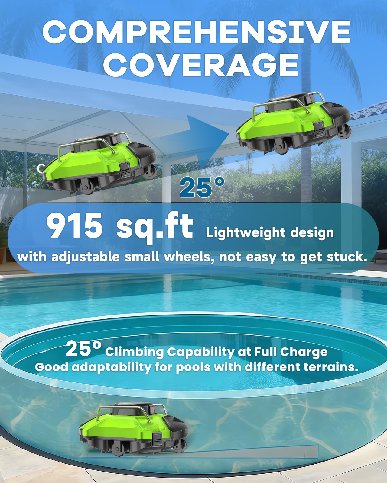 【Mise à niveau 2025】 Robot aspirateur de piscine sans fil Robot de nettoyage automatique de piscine 25 ° escalade, temps de fonctionnement de 120 minutes, auto-stationnement, aspirateur de piscine à