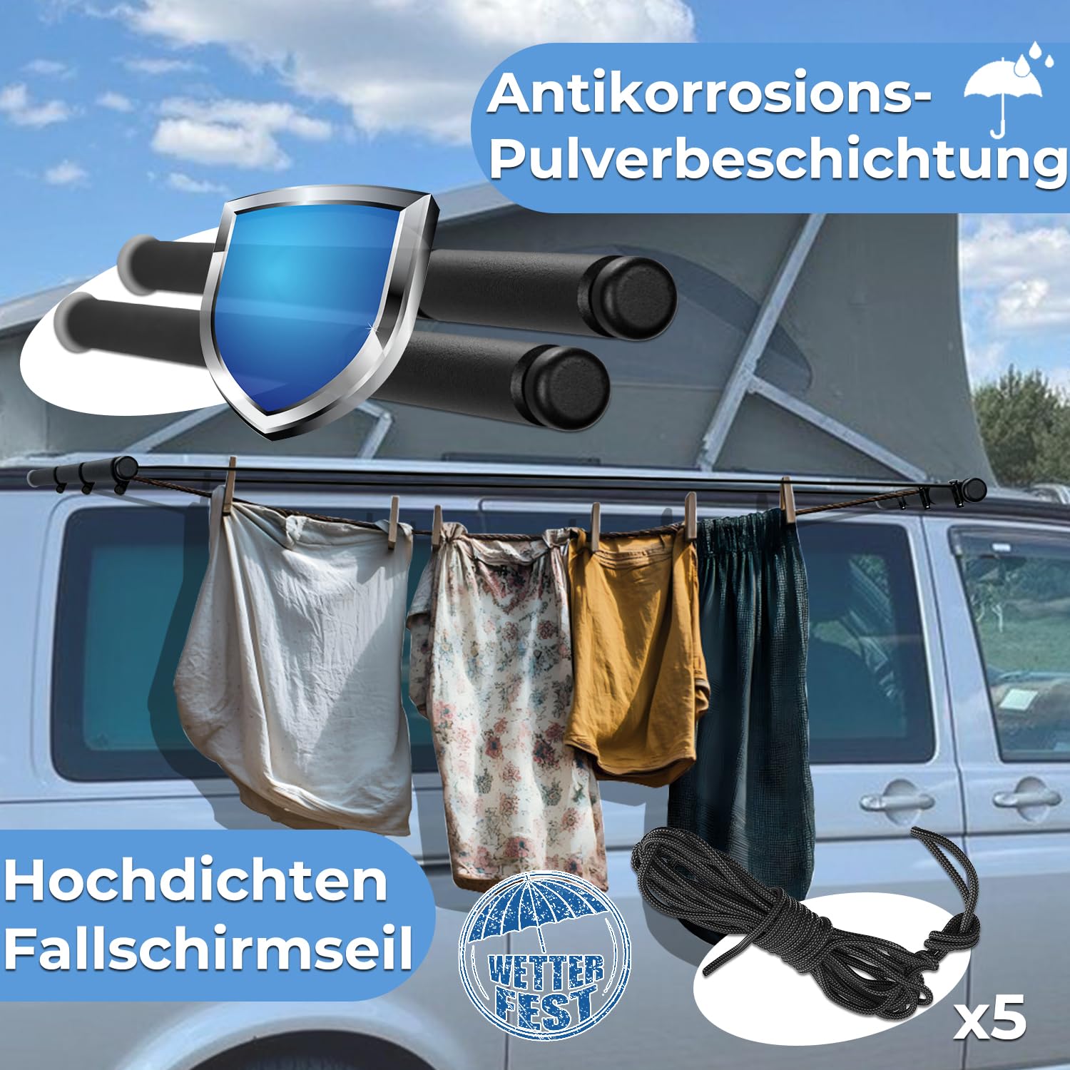 TOPOWN Camping Wäscheleine für VW California, Camping Wäscheleine für California T6 T6.1 (Ocean/Coast/Beach), Camping Wäscheleine Kederschiene für VW California T5 T6 T6.1, zubehör für VW T5 T6