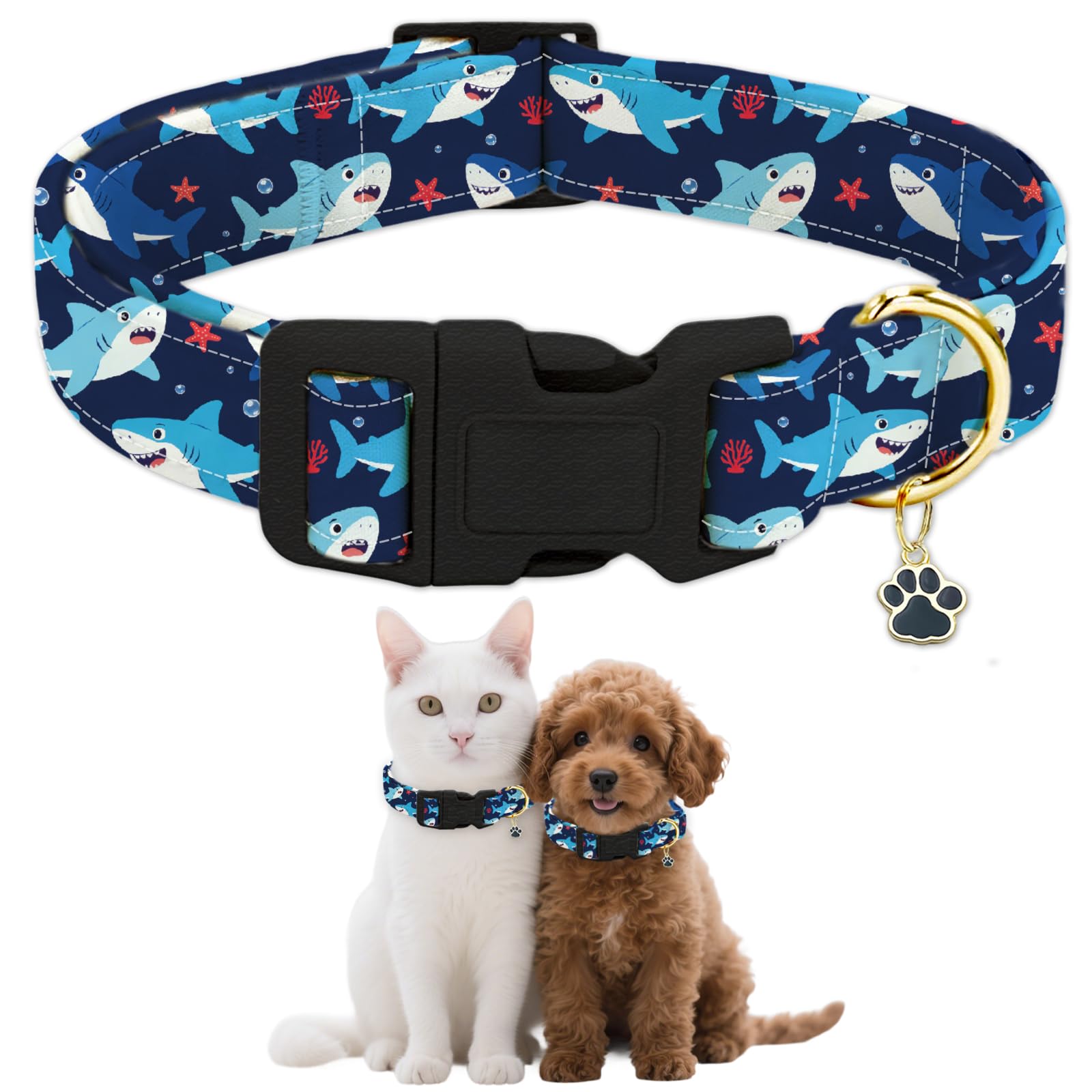 GLOBLELAND Sharks Dog Collar Ocean Animals Pet Collars Adjustable Soft Cute Dog Collar with Quick Release Buckle for Small Dogs Puppy Walking Running — image 1