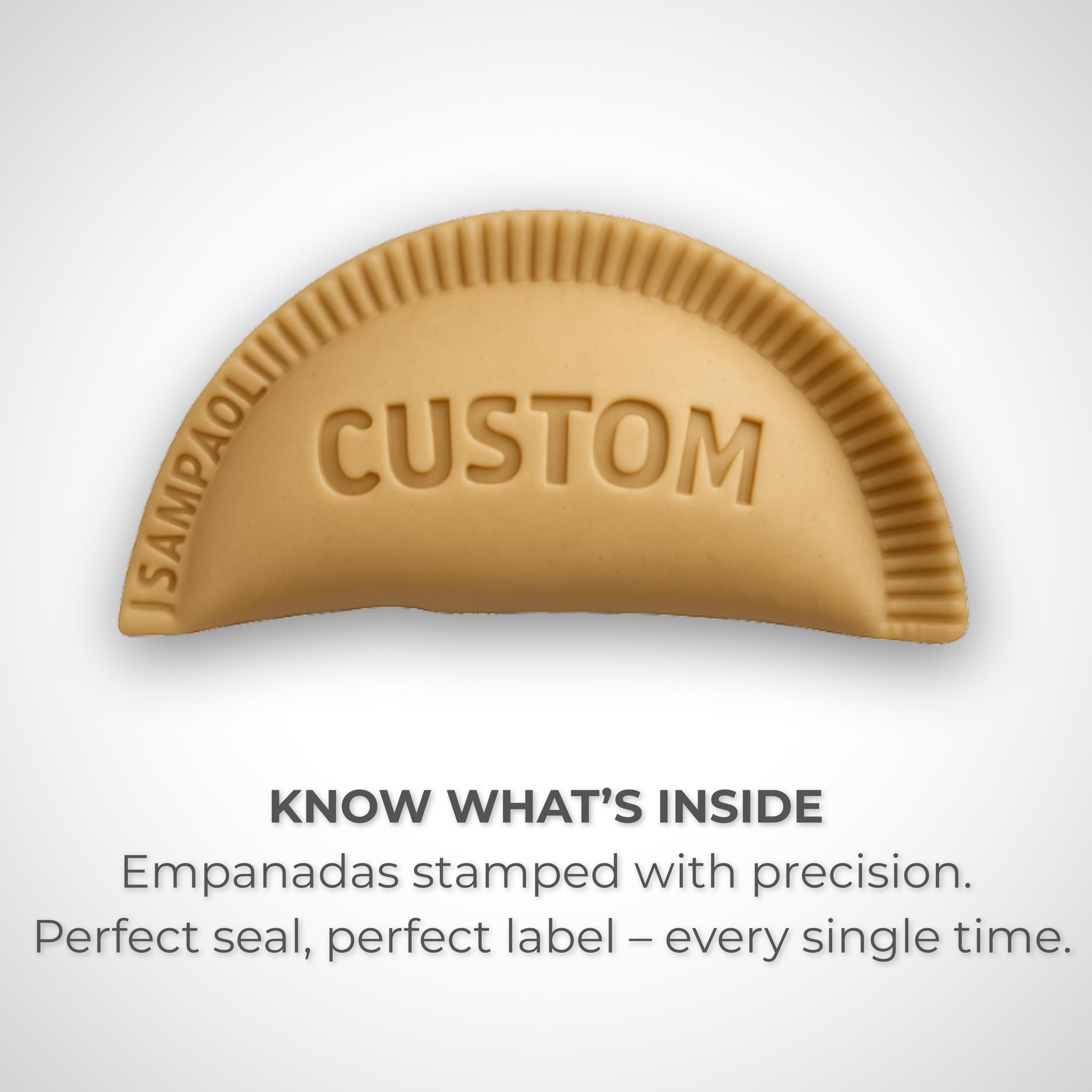 SAMPAOLI COMMERCE USA Empanada Maker Stamp, Special Non-Slip Handle, Perfectly Shaped Empanadas, Easy to Use, Durable, Chefs, restaurant. (CUTOMIZABLE) Size word stamp: up to 4 Inches.