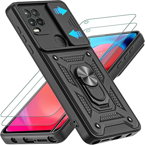 Funda para Moto G Stylus 5G con cubierta deslizante para cámara y 2 protectores de pantalla HD, soporte de anillo de rotación de 360 grado militar