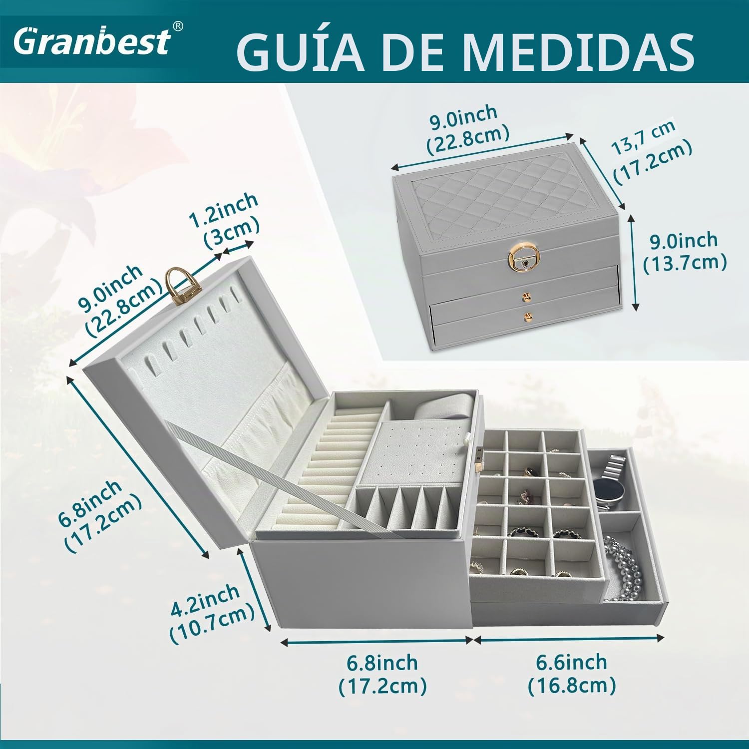 Granbest Joyero de 3 niveles con 2 cajones, caja de joyería de cuero para collares, pulseras, anillos y pendientes (gris)