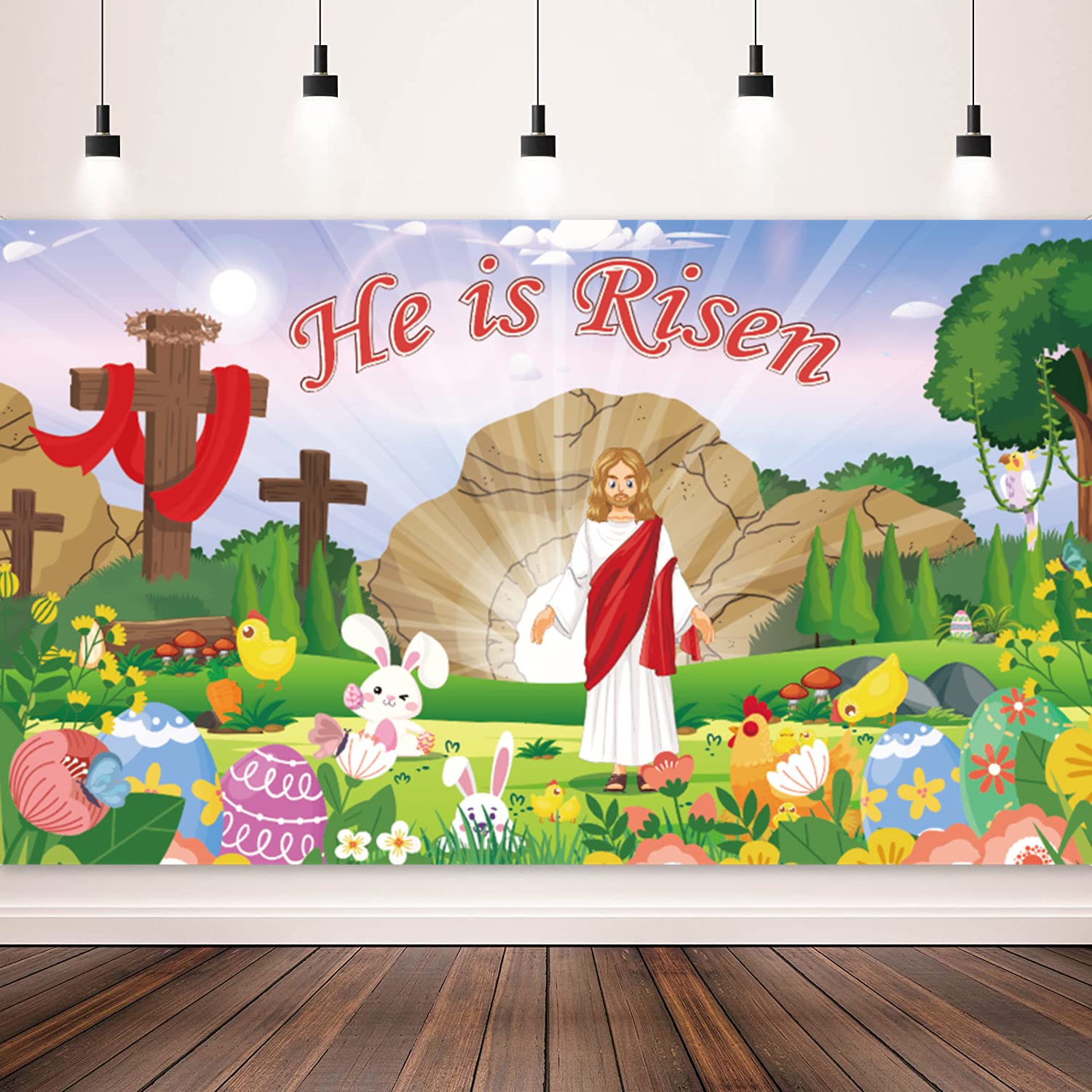 He is Risen Easter Dcorations Banner Backdrop, 79x45 Inch Jesus Religious Easter Backdrop for Photography Easter Party Decor Spring Background for Easter Party Supplies Easter Photo Background