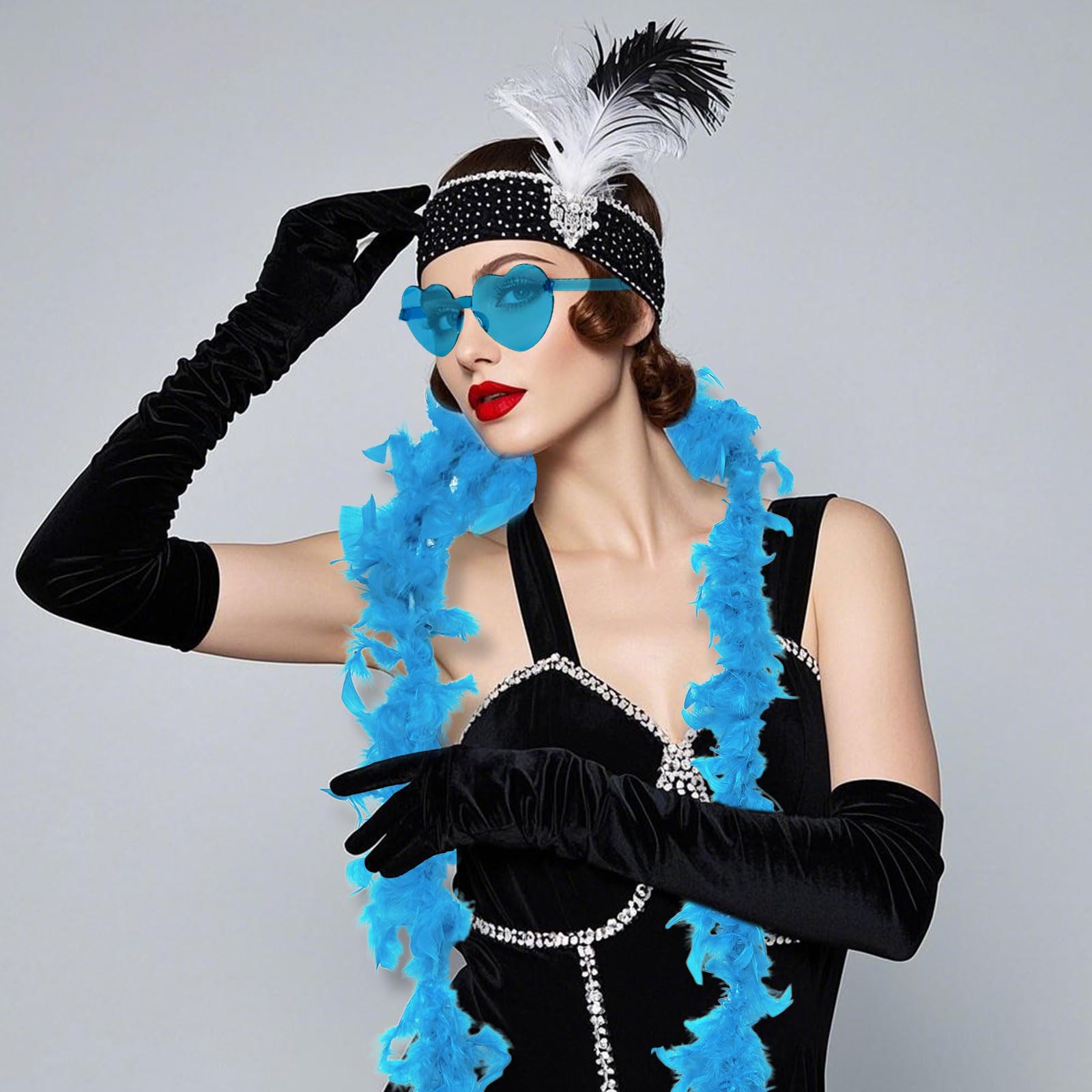 SAIIURV 4 Pieces Blue Feather Boa Heart Rimless Sunglasses Feather Boa for Women for Dancing Wedding Party Cosplay Halloween Dancing Party Props Dress Up Wedding Accessories(Blue) - Image 4