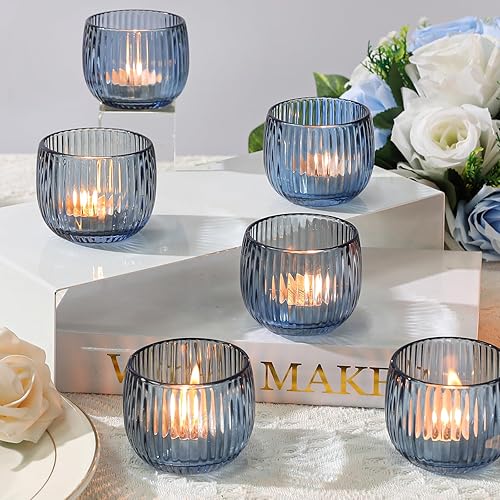 Miniatura 7 de Set of 6 Ribbed Glass Votive Candle Holders, Blue Glass Tealight Holders for Taper Candles - Elegant Table Centerpieces for Weddings, Christmas