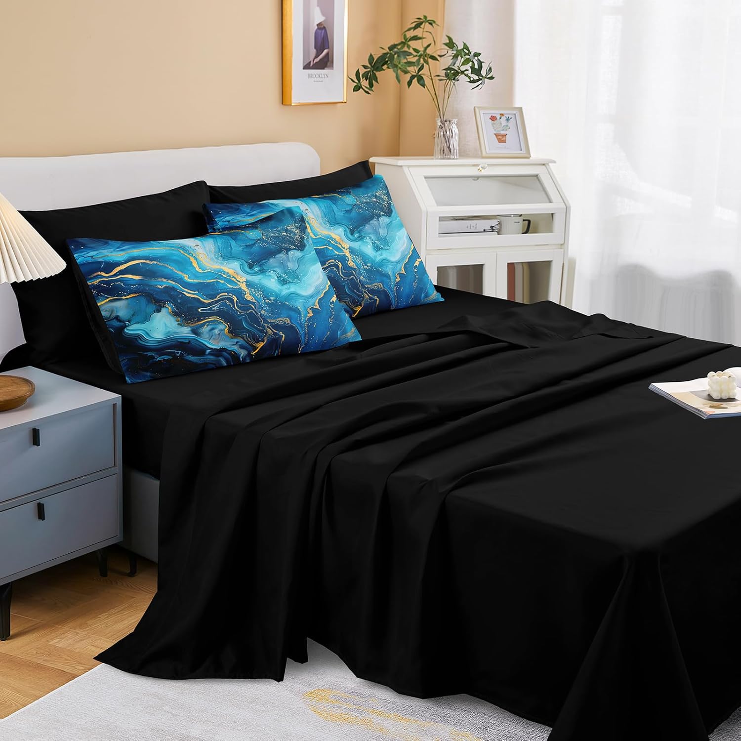 Merryword Blue Gold Marble Comforter Set Queen Size 8 Pcs Bed in a Bag Aesthetic Marble Comforter Set Blue Gold Metallic Bedding Set for All Seasons - Image 7