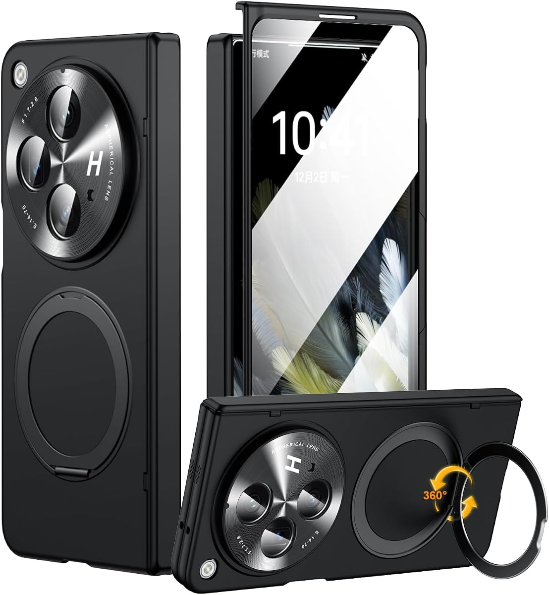 for Oneplus Open Case with 360° Magnetic Rotatable Ring Stand, Built-in Screen Protector & Hinge Protection, Thin & Slim Magnetic Stand Phone Case 5G, Black