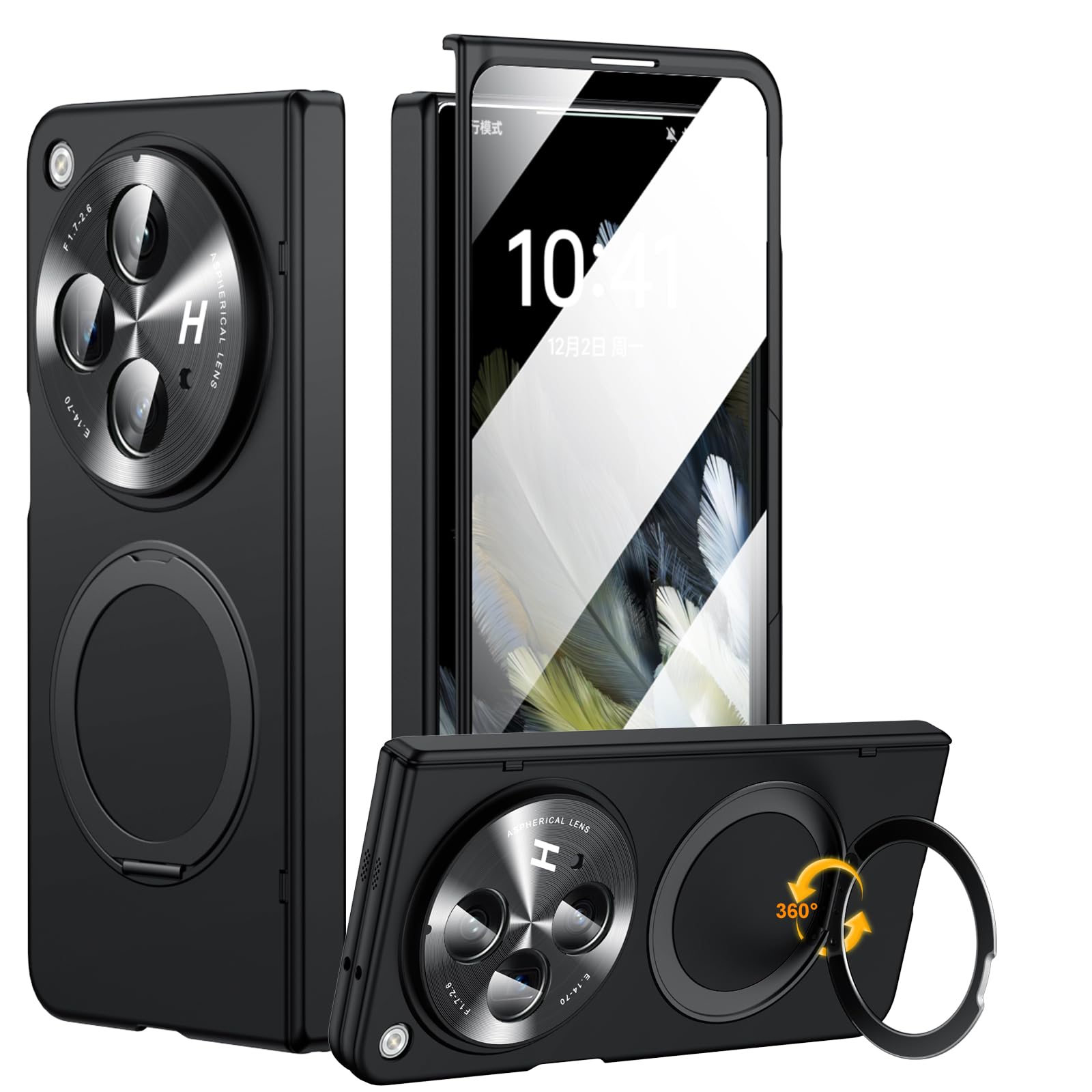 zifiuzem for Oneplus Open Case with 360° Magnetic Rotatable Ring Stand, Built-in Screen Protector & Hinge Protection, Thin & Slim Magnetic Stand Phone Case 5G, Black