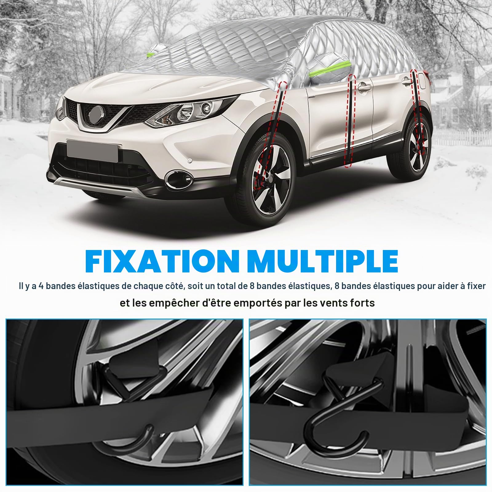 Demi Bâche Voiture Extérieur pour Nissan Qashqai 2013-2025, Demi Housse de Protection Anti-Neige Anti-Glace Mi-couvrante pour Automobiles | Demi bâche épaisse, protection contre le soleil, la pluie et la poussière, été, hiver, extérieur, intérieur