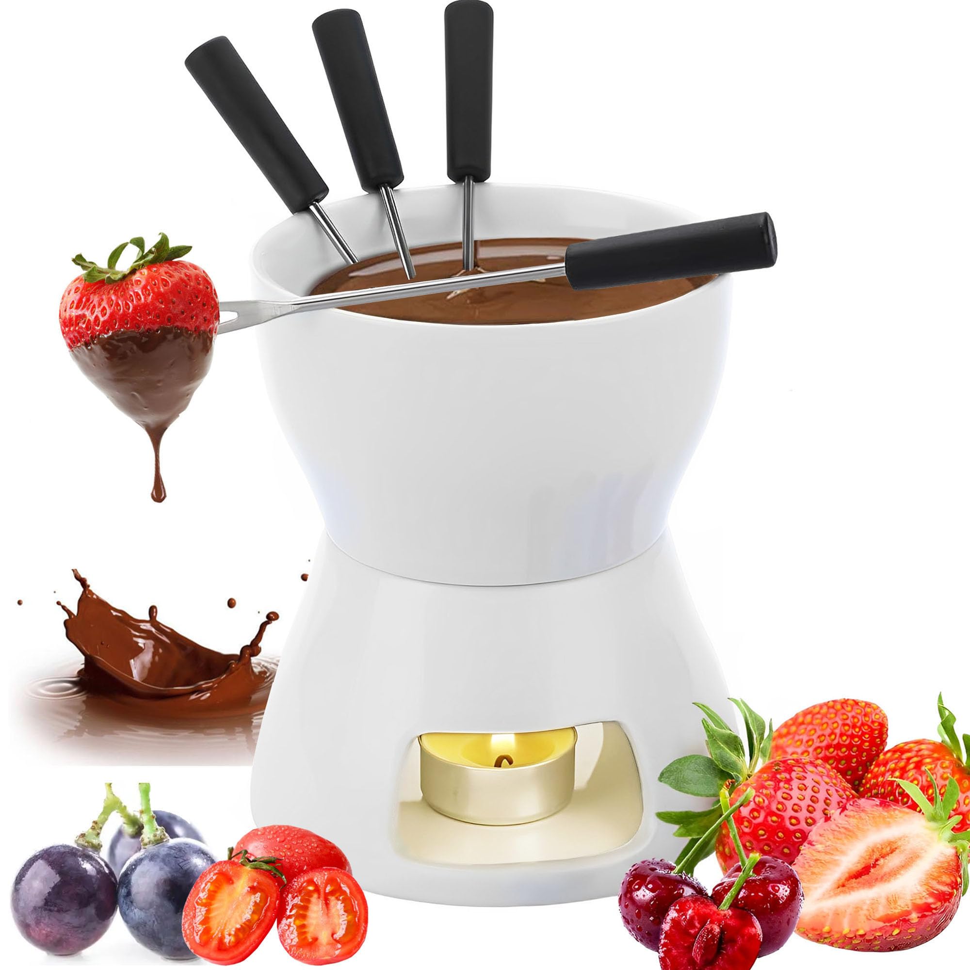 Set de Fondue de Queso y Chocolate, Set Completo de Fondue de Queso con Vela y 4 Tenedores, Mini Fondue Pot Taza de Fondue de Chocolate de Porcelana, para Casa,Blanco