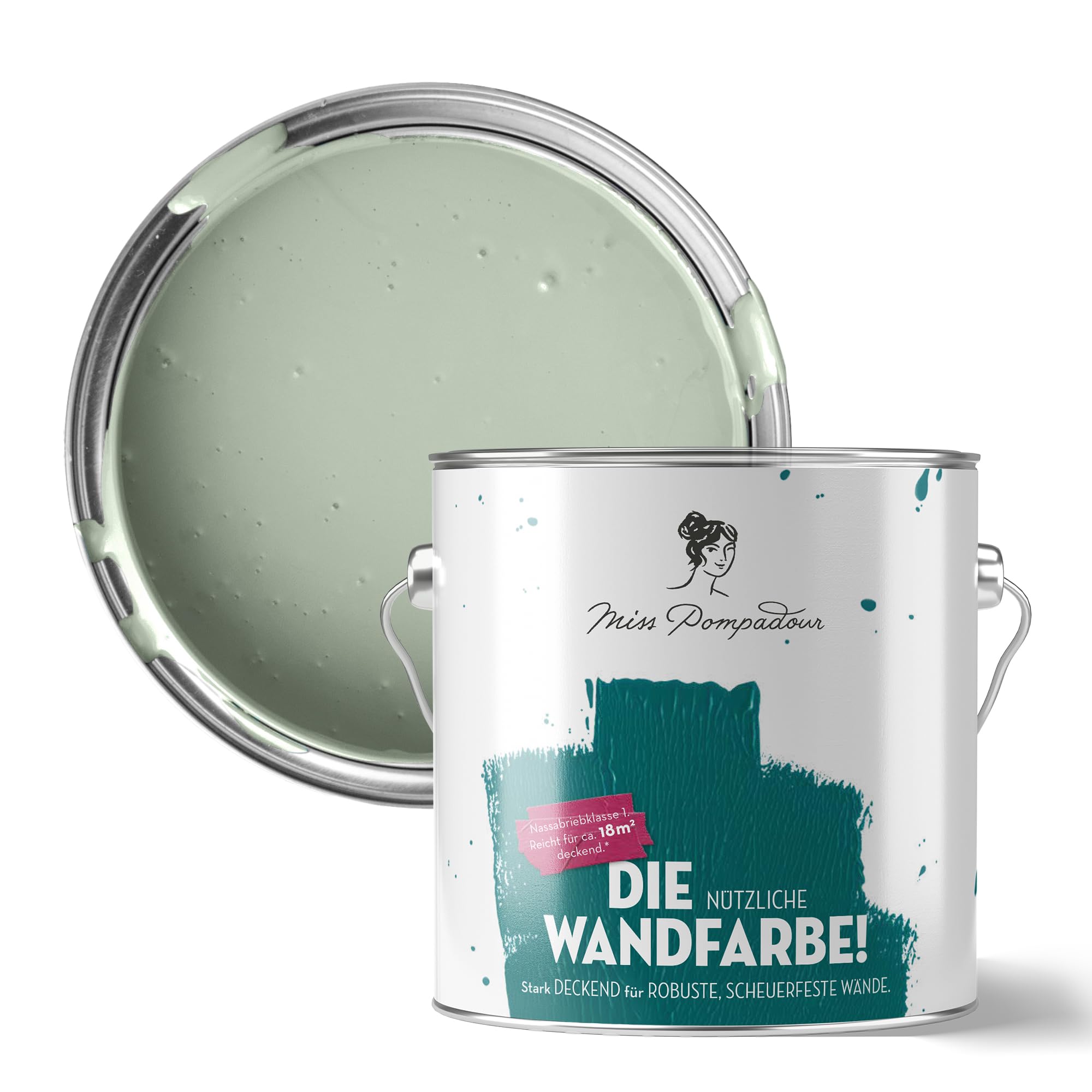 MissPompadour abwaschbare Wandfarbe Grün mit Salbei 2,5L - hohe Deckkraft & Ergiebigkeit - matte, scheuerbeständige Innenfarbe - geruchsarm, wasserbasiert, atmungsaktiv - Die Nützliche
