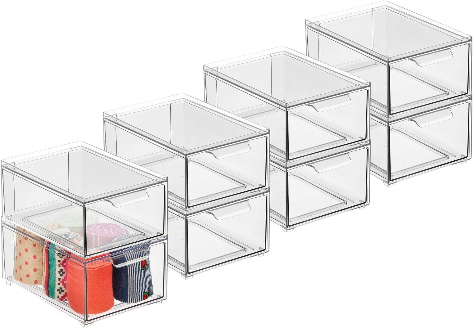mDesignStackable Storage Containers Box with 2 Pull-Out Drawers - Stacking Plastic Drawer Bins for Closet Organization, Linen, Coat, Bedroom or Entryway Closets - Lumiere Collection - 8 Pack - Clear