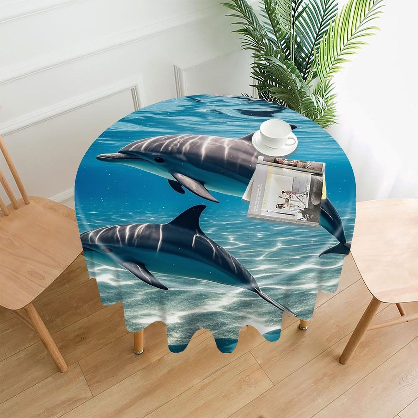 LZQPOEAS Dolphins Underwater Tablecloth Decorative Round Table Cloth Wrinkle Resistant Round Tablecloth Washable Circle Table Cover for Kitchen Dining Party Wedding Camping 60 Inch