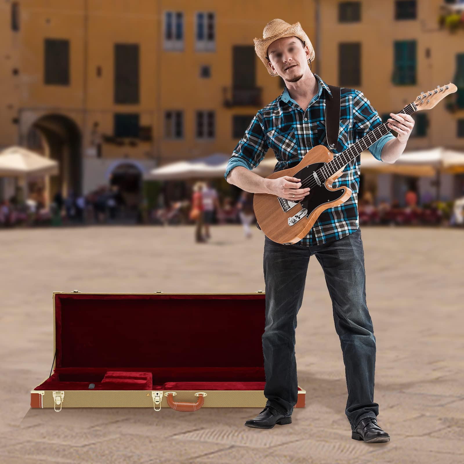 E-Gitarre Hartschalenkoffer, Abschließbar Rechteckig E-Gitarren Case Box E-Gitarrenkoffer mit Schlüssel Guitar Case für Standard E-Gitarre (Gelb)