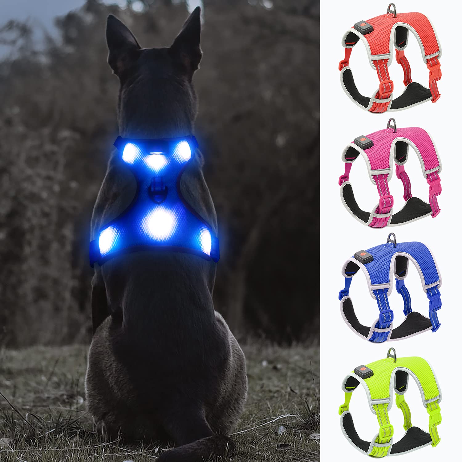 YFbrite Leuchtendes Hundegeschirr, über USB wiederaufladbar, LED-Haustiergeschirr, blinkend, Nachtsichtbarkeit, verstellbar, reflektierend, leuchtet im Dunkeln für Sicherheit, leuchtet im Dunkeln
