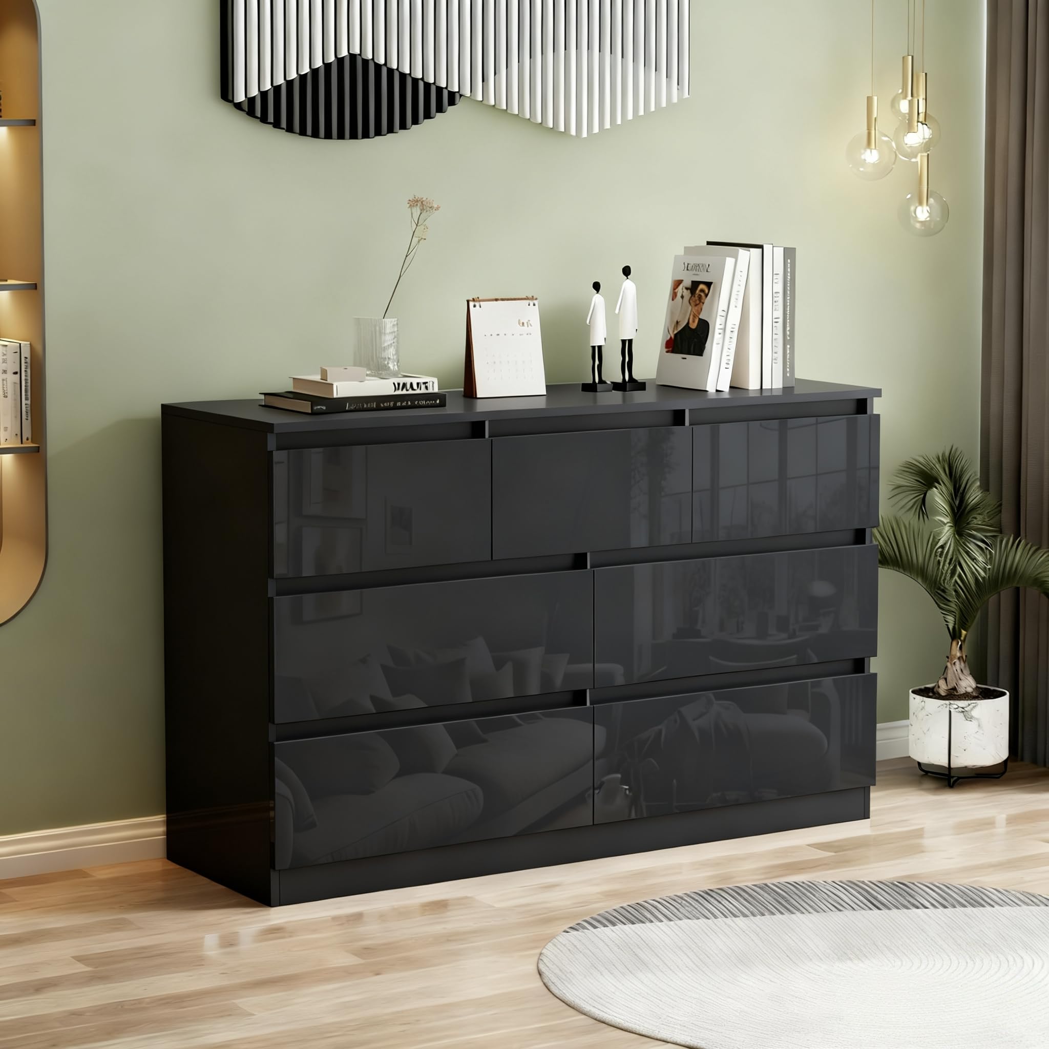 LSLIFE White Chest of Drawers 6/7/8 Drawer Dresser Storage Cabinet High Gloss Bedside Table Cabinet for Bedroom Living Room Office (Black-7 Drawer Cabinet)