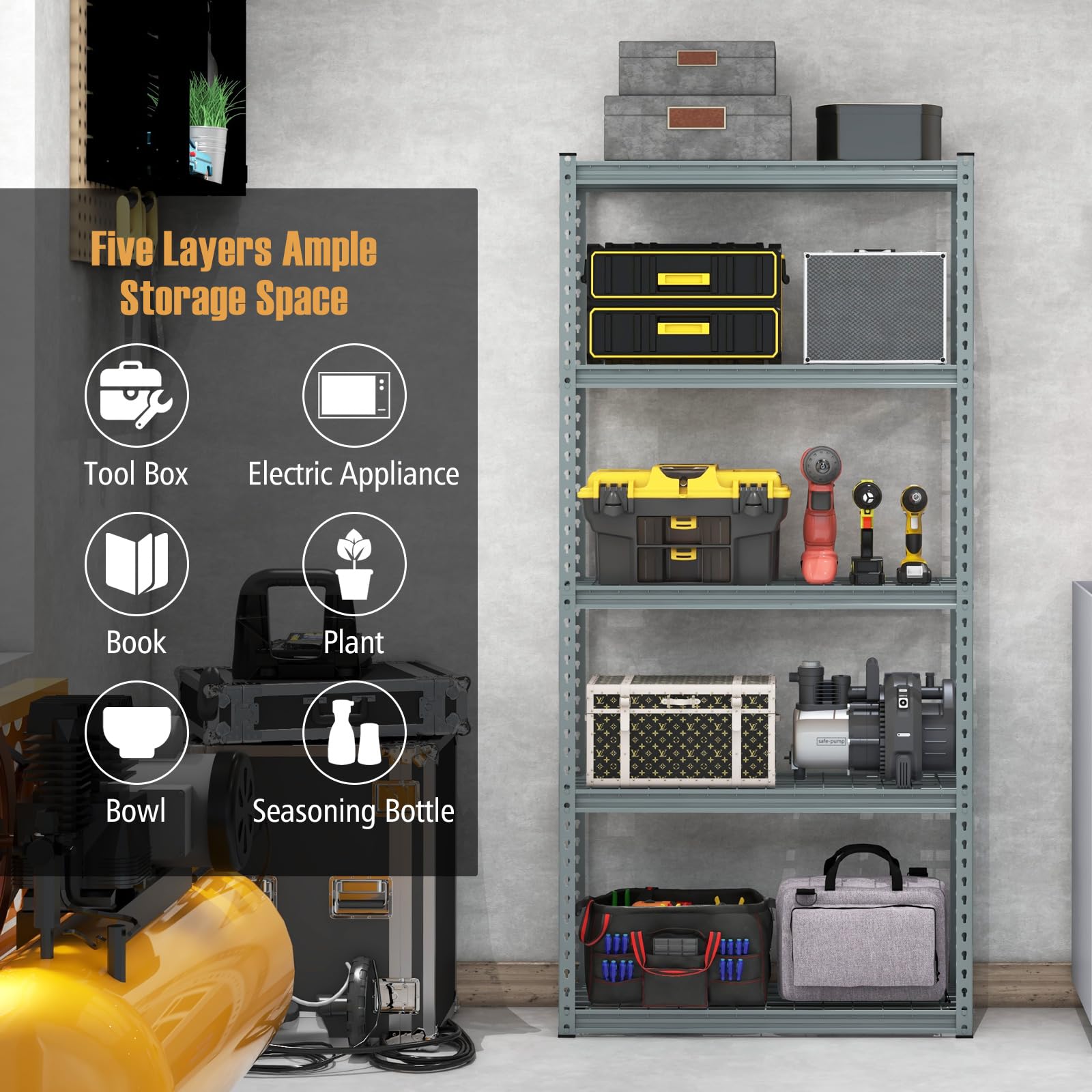 Goplus 5-Tier Metal Shelving Unit, Heavy Duty Wire Storage Rack with Anti-Slip Foot Pads, Height Adjustable Shelves for Warehouse, Kitchen, Living Room, Garage, 12