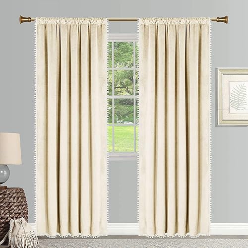 SNITIE Pom Pom Velvet Curtains with Rod Pocket Thermal Insualted Soft Privacy Light Filtering Velvet Drapes for Bedroom and Living Room, Set of 2 Panels ( Ivory White, 42 x 84 Inches Long )