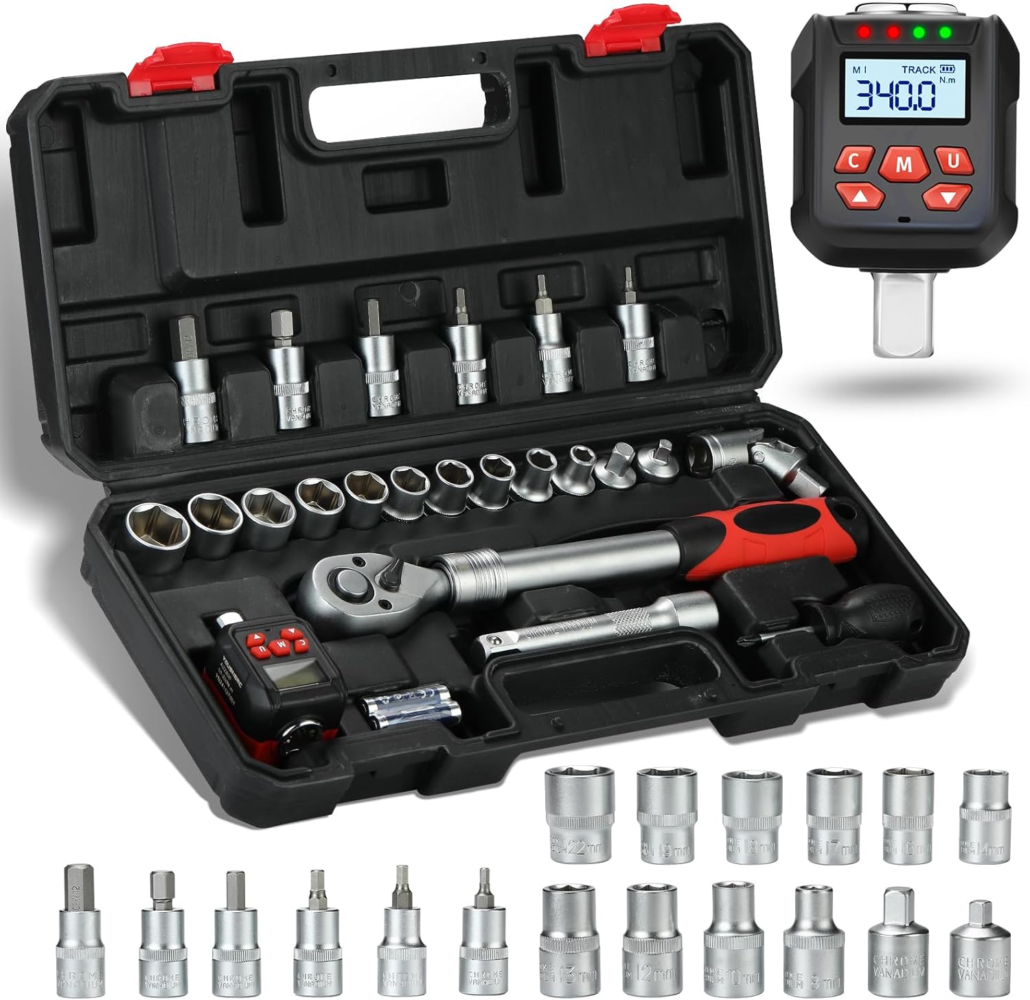1/2" Digital Torque Adapter Set Tool: Precision Electronic Torque Tool for Automotive, Biking, Measurement Tasks or Home Repairs (12.5-250 Ft-lb/ 17-340 Nm)